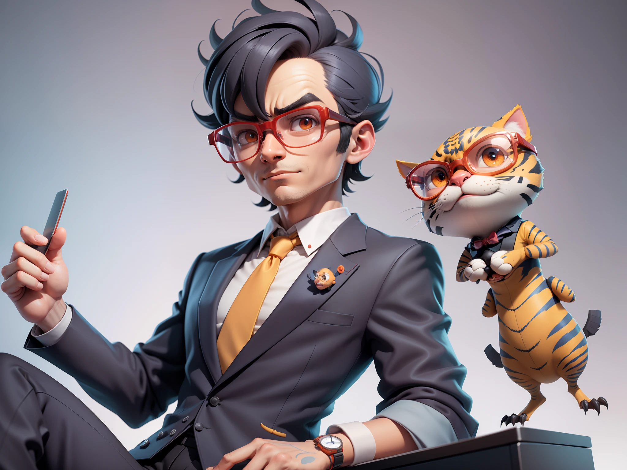 A young man in a suit, Short hair and glasses sat at his desk,holding laptop,digitial painting,tigre,3D character design by Mark Clairen and Pixar and Hayao Miyazaki and Akira Toriyama,4K HD illustration,Very detailed facial features and cartoon-style visuals。