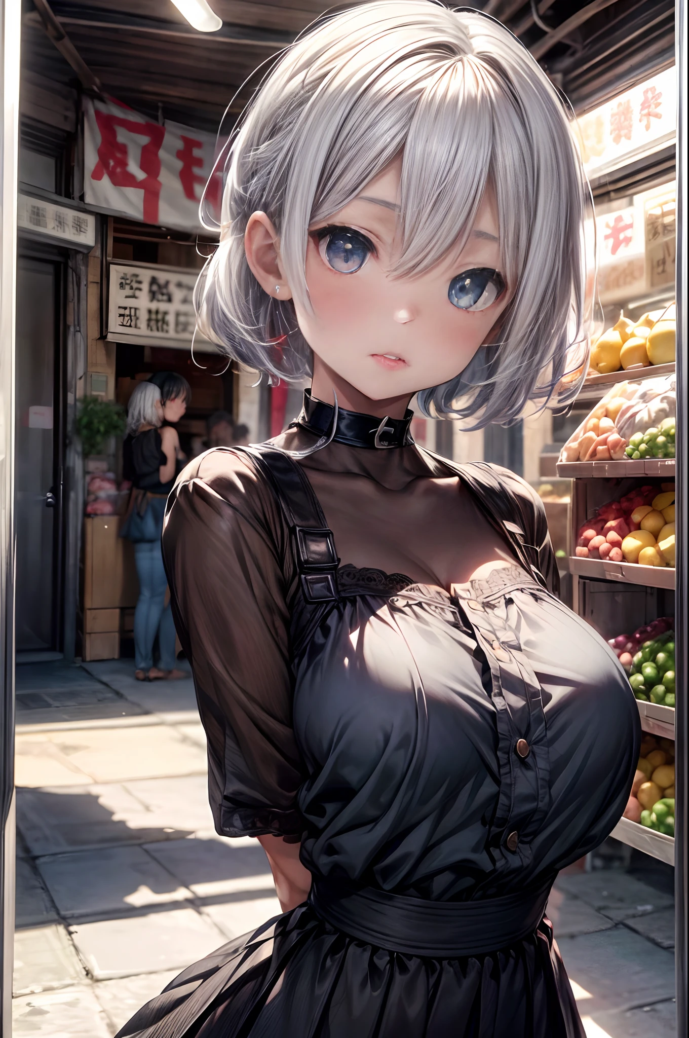 mash kyrielight,White hair,short hair,red eyes,girl,woman,female, little,child,, medium hair, curly hair, bangs, eyes visible through hair, side braid, white and black hair, multicolored hair, red inner color, beautiful detailed Glass hair, delicate beautiful face, red pupils, fangs, small_breasts, pale blue eyes, white skin, choker, gloves, nice hands, perfect hands, camisole, holding fruit, lemon, grapefruit, parted lips, blush, skirt, earring, holding food, bang, in fruit market