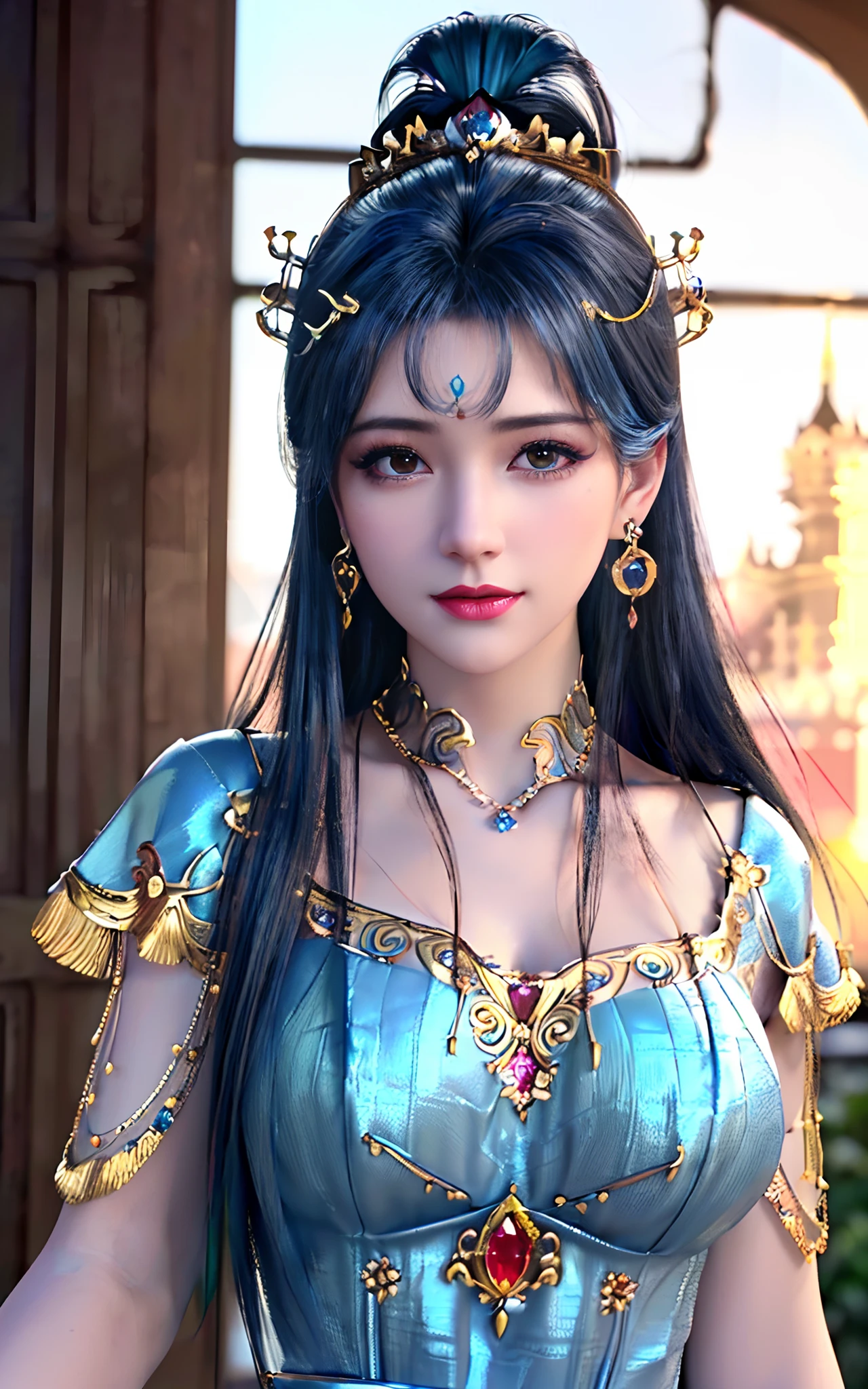 ((realisticity: 1.2)), ((best resolution: 8K UHD)), best quality,masterpiece,highres,cg,
((1 super detailed and super realistic girl)), ((very beautiful queen dazzling, super realistic, and super detailed)),((white skin, beautiful, smooth, youthful, super realistic and super detailed
)), long hair, ((super realistic and super detailed dress)), solo, ((super realistic, super beautiful, gorgeous and super detailed jewelry)), ((super beautiful, super realistic and super detailed dark red and golden yellow dress)),
((super beautiful, super realistic, super detailed diamond filled earrings)),
((super beautiful, super realistic and super detailed diamond filled hair ornament)), ((super beautiful upper body, super beautiful, super realistic and super detailed)), ((big breasts: 2.5)),
((super grand, super realistic and super detailed royal palace backgroun))
((super beautiful, super beautiful, super realistic and super detailed hair bun)), ((super beautiful, super realistic and super detailed blue hair)),
candid, Photograph, high resolution, 8k,Bokeh,