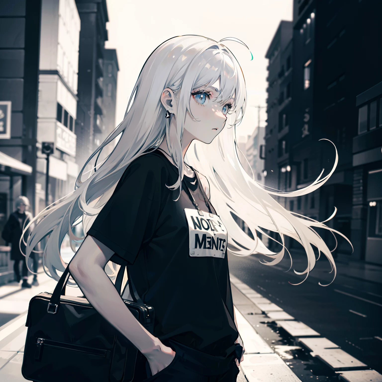 girl, side portrait, black and white,edgy accessories,sporty style, casual t-shirt, confident gaze, monochrome color scheme, looking to the side, chic street fashion, casual hands in pockets pose,head,Long Hair