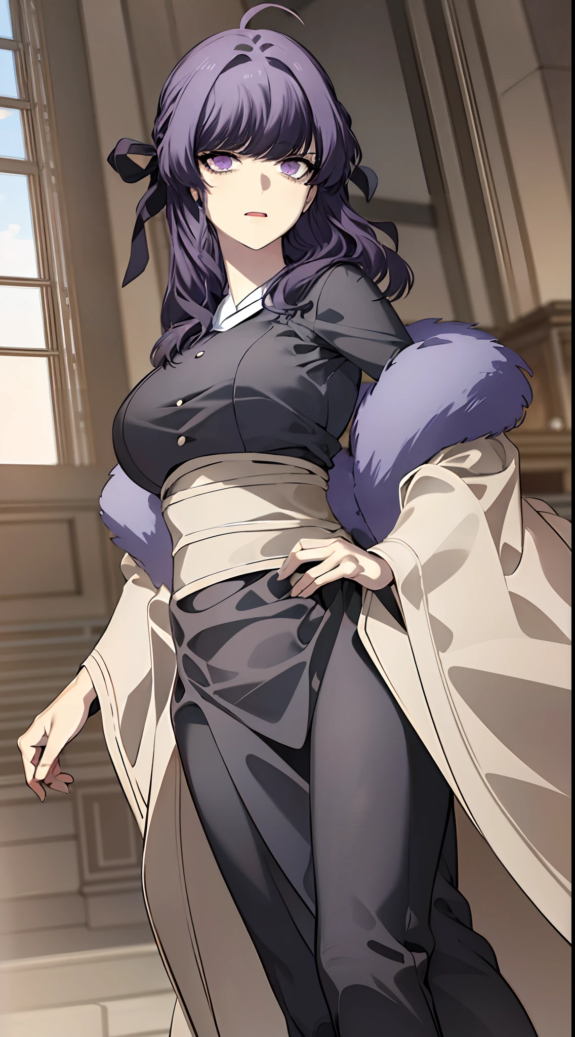 masterpiece, (best quality), 1woman, 1girl , Anastasia_Zelenska, long hair, purple hair, purple eyes, black hair ribbon, long sleeves, japanese clothes, sash , jacket, dress, ahoge, sexy woman, adult, blush vibrant colors, natural lighting ,RTX, , beautiful, (detailed face:1.2), showcase, (perfect eyes:1.1) ,(photorealistic:1.1), 8k uhd, looking at viewer, bikini, full bikini, underwear