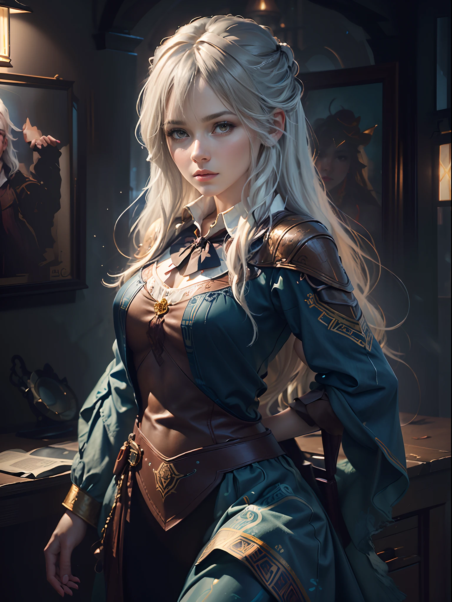 Hyperrealist portrait of female by david hockney and alphonse mucha,fantasy art, photo realistic, dynamic lighting, artstation, poster, volumetric lighting, very detailed faces, 4 k, award winning,, 1girl, in the dark, deep shadow, low key,cowboy shot,(official clothing:1.4) ,long hair,white hair,