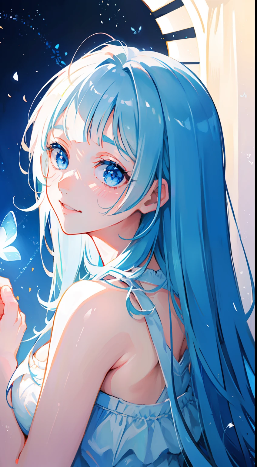 masterpiece,gorgeous, high details,1girl, traced lights,wallpaper, (close up), blue eyes,happy, laughing, laugh, cute, femine, delicate,butterfly, magicle, detailed background,colorfull, innocent, cozy, intimate BREAK miwakasumi, light_blue_hair,blunt bangs, long hair, nature BREAK