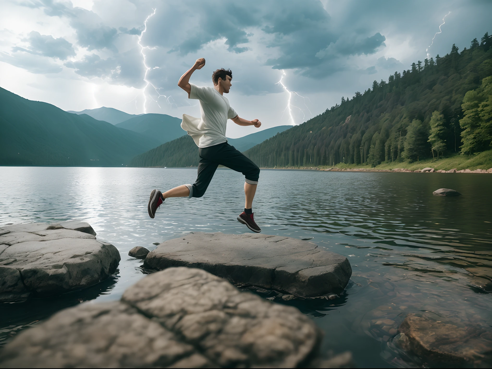 a candid photo of a guy skipping on a rocky stone that submerge on the lake, located on a forest mountain at morning time, uper body shot, soft diffused lightning, shot on Hasselblad 500CM --auto --s2