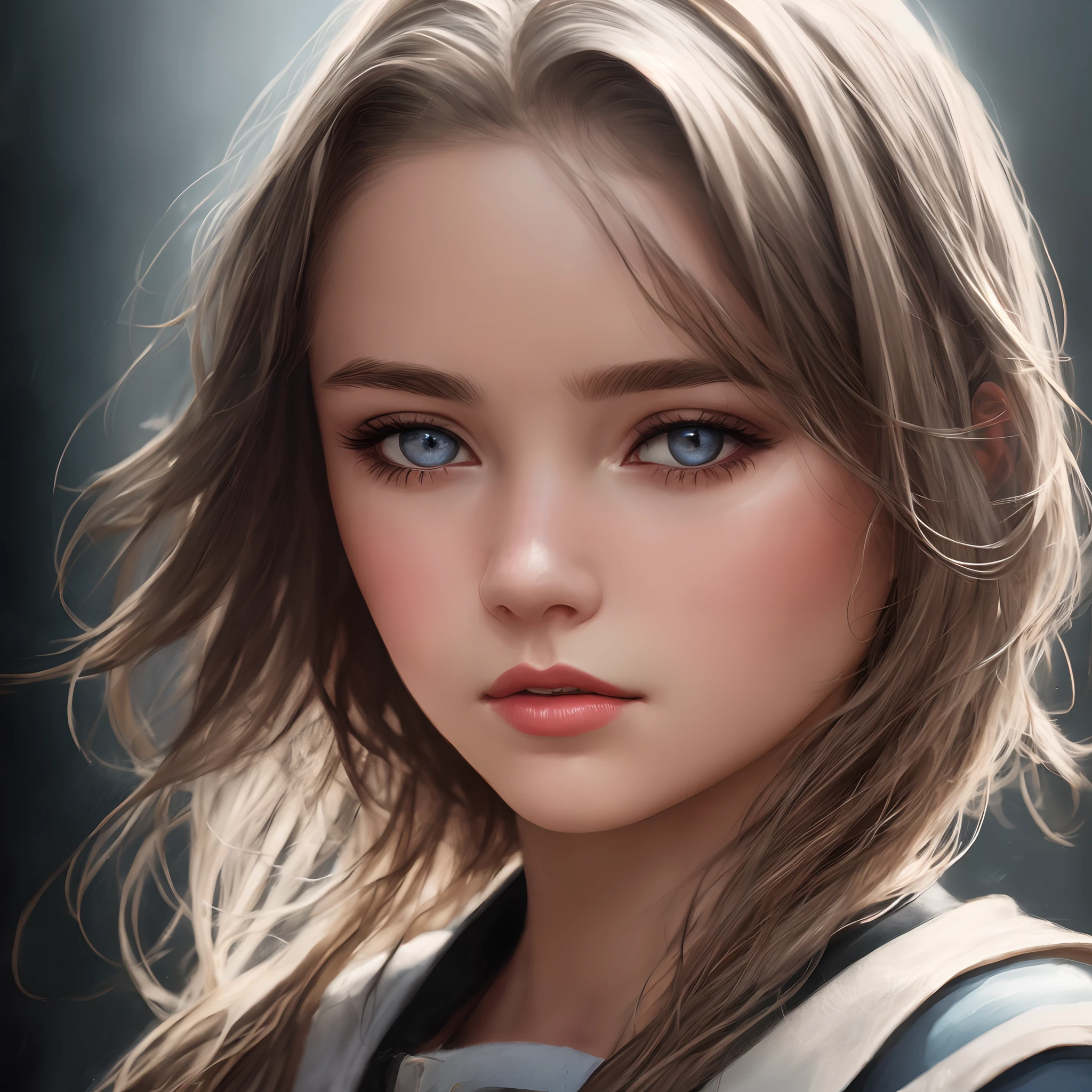 Hyperrealist portrait of young girl, fantasy art, photo realistic, dynamic lighting, artstation, poster, volumetric lighting, very detailed faces, 4 k, award winning,, 1girl, in the dark, deep shadow, low key,cowboy shot,(official clothing:1.4) ,long hair,white hair,