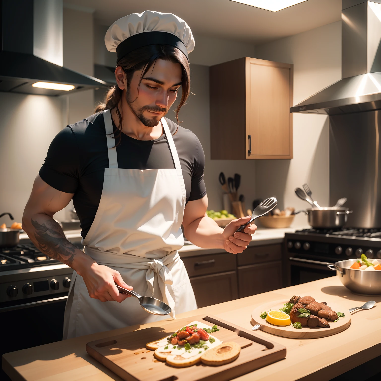 Imagine a friendly-looking bear, dressed in a chef's apron and a cook's hat, preparing a gourmet meal in a modern kitchen.
