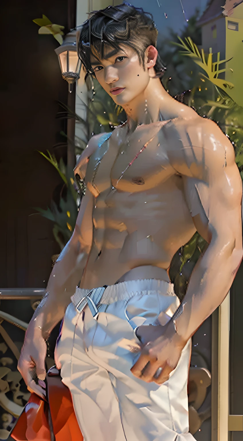 An Asian man, a 21-year-old Chinese man, muscular, panorama, muscular chest, muscular limbs, obvious muscle lines, delicate facial features, perfect body proportions, swimming trunks, (High Detail Skin: 1.2), Masterpiece, Best Quality, High Resolution, Realistic Masterpiece, Best Quality, High Resolution, Realism, Gay Young Naked Boy of Medium Length, Tired and Handsome Facial Features, Rainy Weather, Soaked Skin, Enchanting, Tight Waist, Buttocks, Bare, Big Pectoral Muscles, Wheat-colored Skin, Super Detail, Extreme Detail, Best Detail, Power Quality