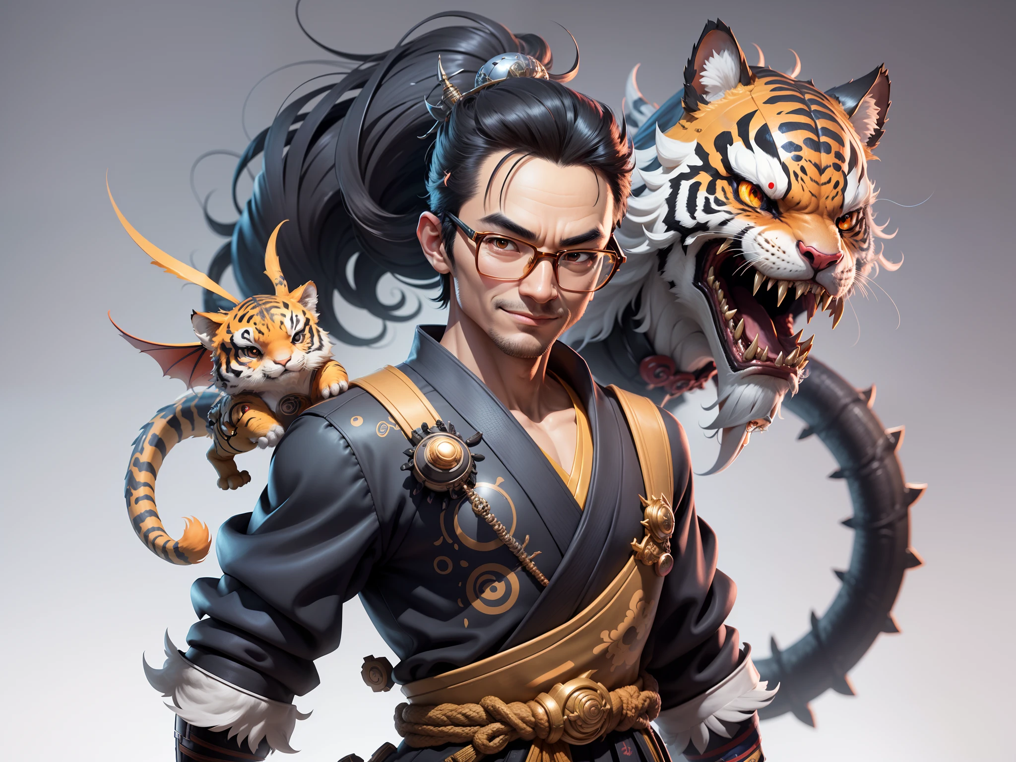 (Masterpiece), (Excellent), (Super Meticulous), (Full Body: 1.2), Super Young Man with Japanese Female Geisha, Pretty, Beautiful, Chinese Dragon, Tiger, Wind God Thor, Sexy, Bursting, Oriental Face, TV Anchor, Bust Portrait Illustration, Black Suit, Blue Tie, Slightly Chubby Face, Silver Glasses, Very Clean Face, No Beard on Chin, Black Super Short Hair, Black Eyes, Confident Smile, 3c Computer Sub-Products, iPad, iPhone, Digital Painting, 3D character design by Mark Clairedon and Pixar and Hayao Miyazaki and Akira Toriyama, the illustrations are HD illustrations in 4K resolution with highly detailed facial features and cartoon-style visuals.