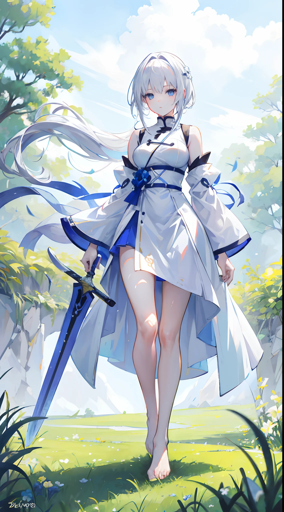 a barefoot white-haired anime waifu with dark bluish hair, wearing flowing white clothes, standing gracefully in the lush grass plains, holding a gleaming sword. Shot with a digital camera, using vibrant colors and a portrait lens to capture the waifu's delicate features.