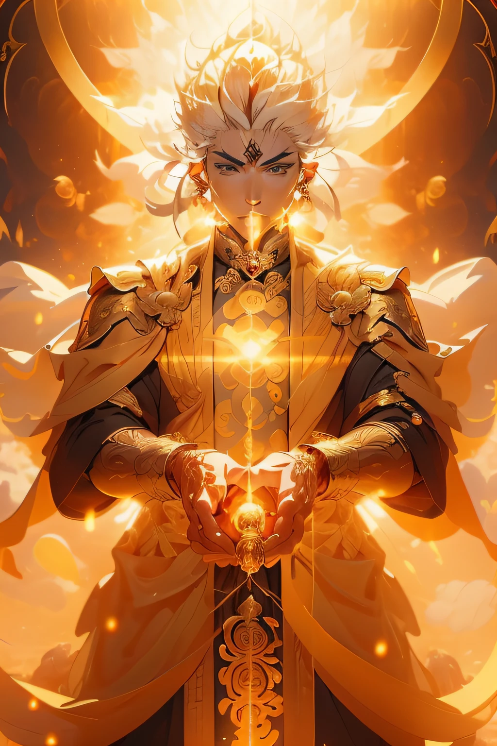 (Sparkling golden magic weapon:1.3)，(Tightly held in the hands of the Taoist priest:1.2)，(A mysterious figure appears ahead)，(Thick fog pervades)，(Mysterious lights illuminate the surrounding landscape)，(The character's body is hidden)