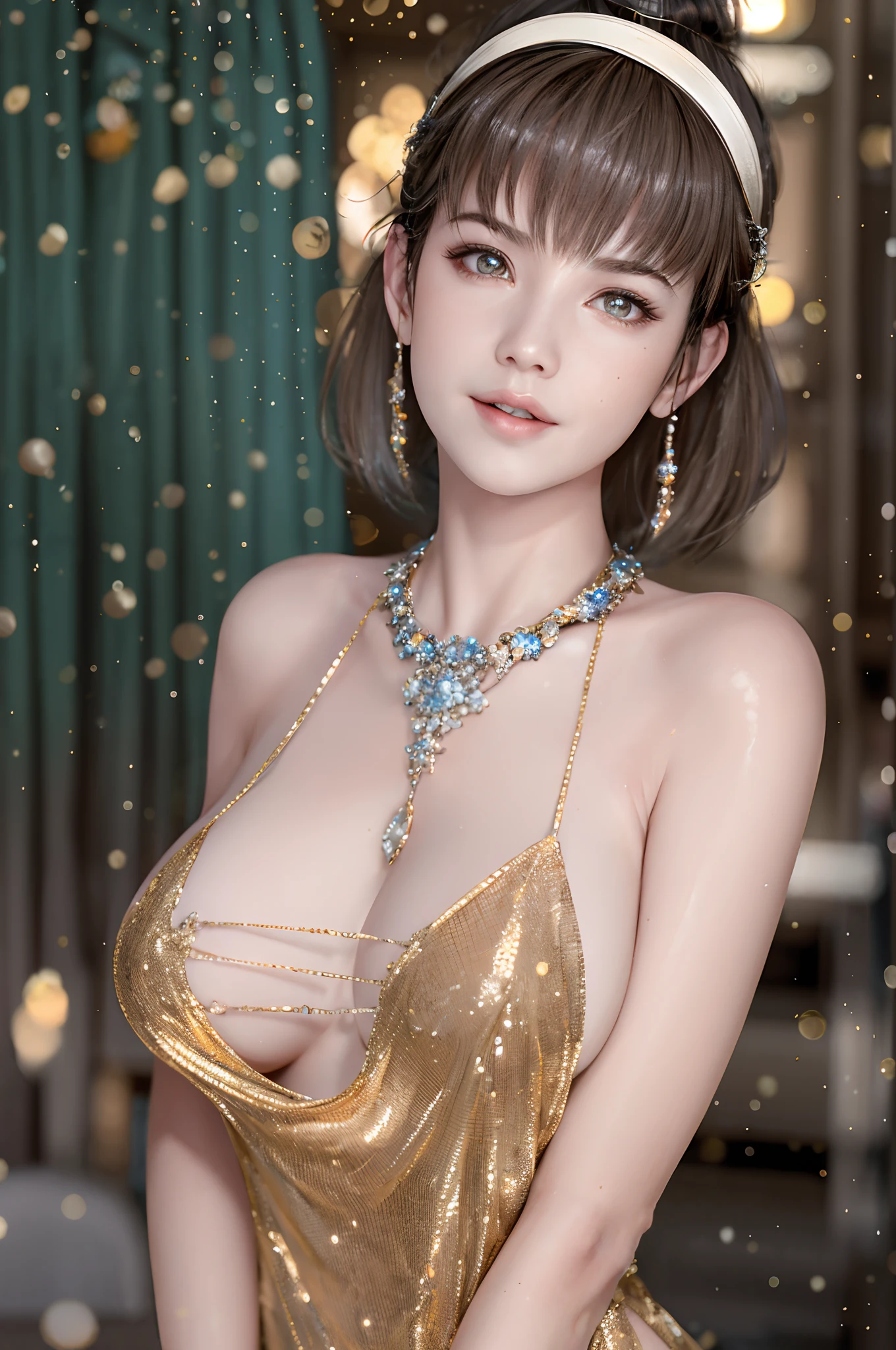 hitomi, medium hair, ultra realistic 8k cg, picture-perfect face, flawless, clean, masterpiece, professional artwork, famous artwork, perfect face, beautiful face, beautiful eyes, ((perfect female body)), solo ,(immersive atmosphere, chiaroscuro, bright light, luminous lighting), (blush:0.5), seductive expression, extremely detailed_eyes, cleavage, large breasts, beautifully detailed background, depth of field, realistic:, long shot,1girl, shirt, upper body, (ambient light:1.3), (cinematic composition:1.3), (neon lights:0.1), (HDR:0.1), Accent Lighting, dress, jewelry, sparkle,