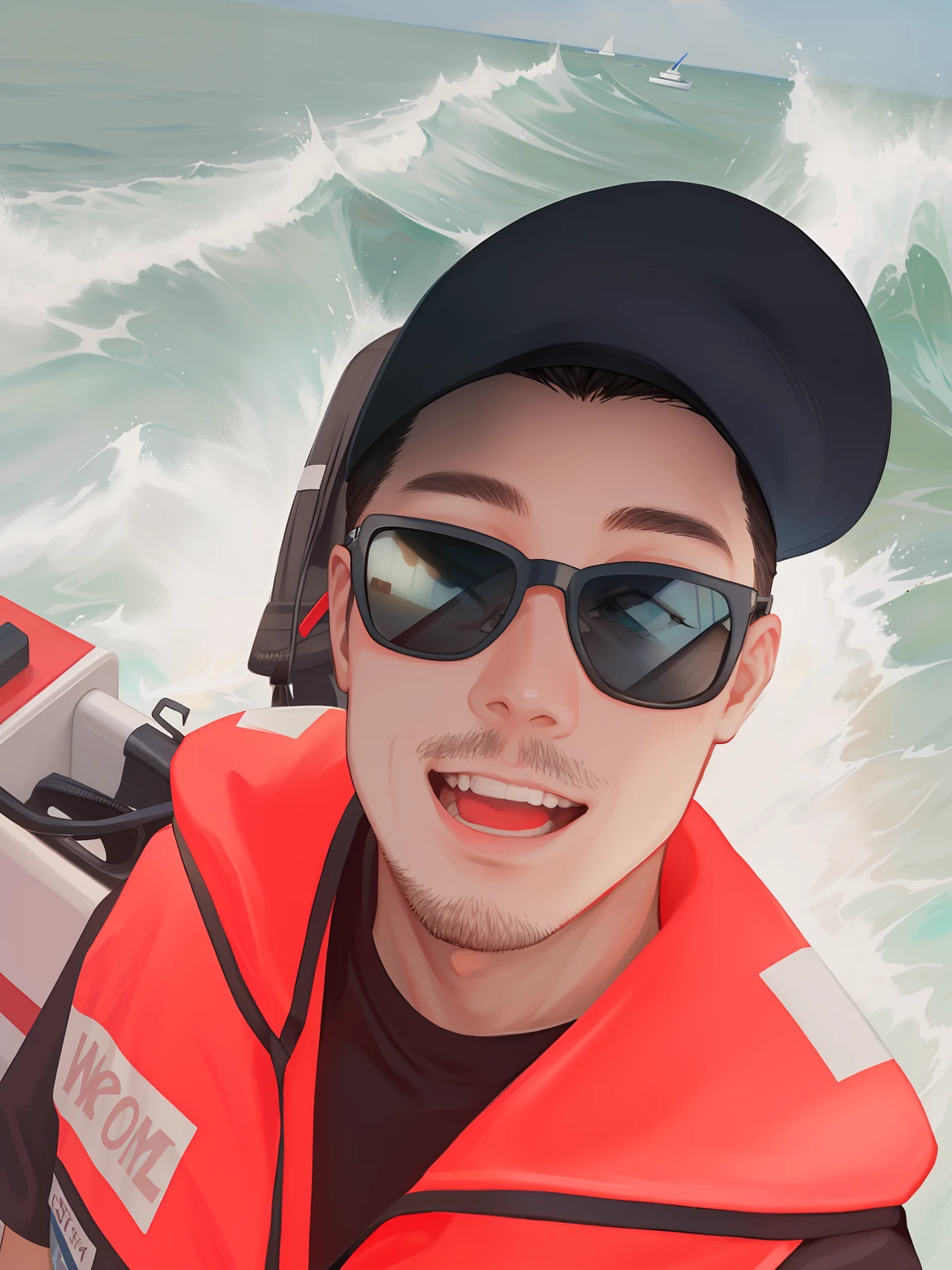 There was a man on board wearing a life jacket and sunglasses, The background is the sea,With a hat,Cool white skin,Straight white teeth,best qualtiy,tmasterpiece:1.3,Straight white teeth。