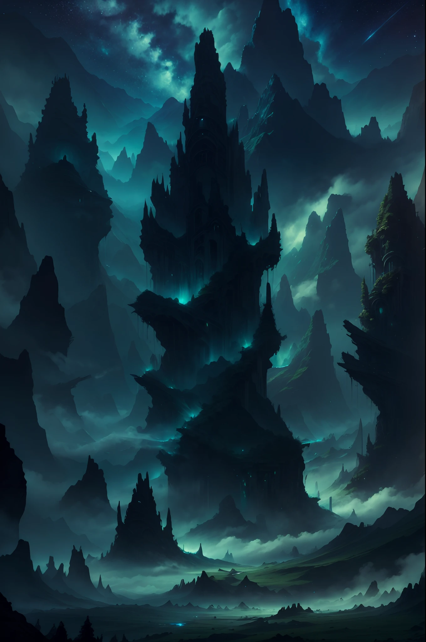 Land of the dead, mountains, dark green fog, Night sky