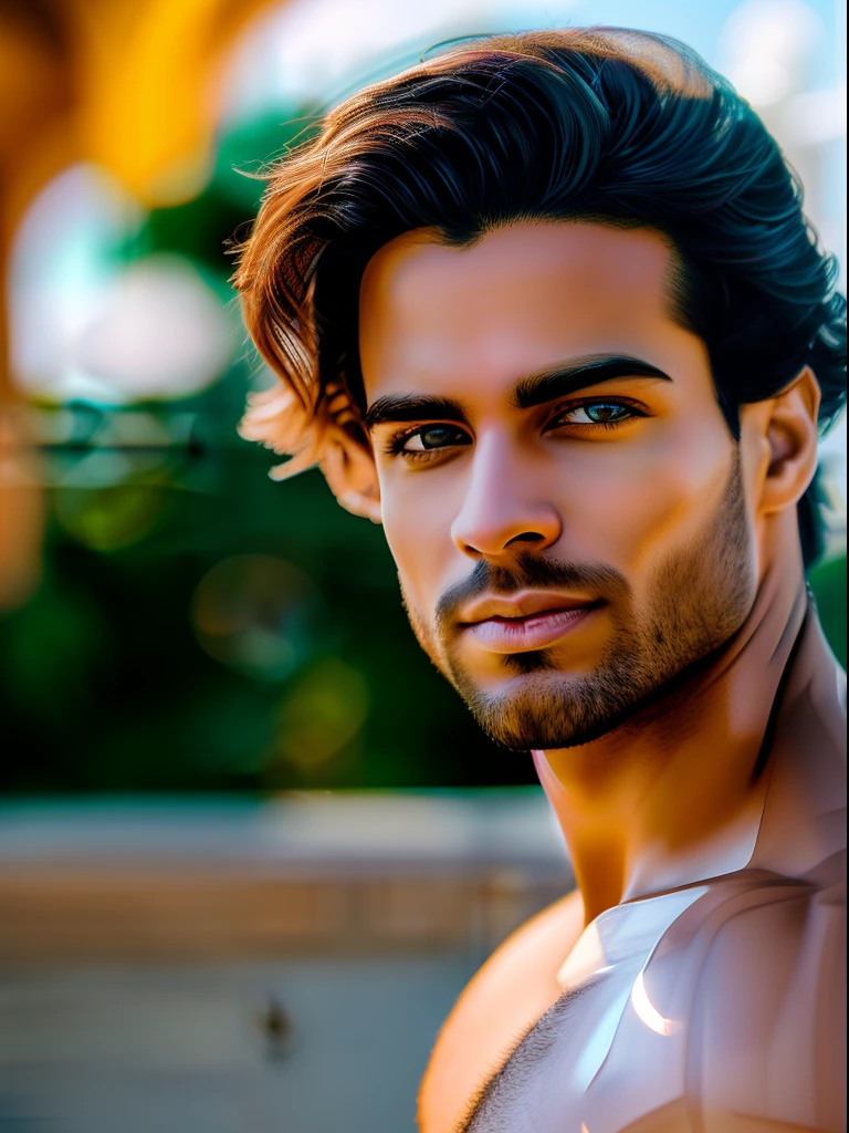 ( masterpiece) , realistic, portrait of a young Brazilian man, insanely handsome face, sunlight, cinematic light, messy windy hair, stunningly handsome man, beautiful eyes, perfect ???????, very masculine , tanned golden skin, prince hazel eyes, ( enclosing the head in a frame) , stylized, 8 life - size, 8 K resolution, resting on the terrace of a cafe in trendy clothes, looking far away, human hands, strangely rich and masculine, full - body view, dynamic, very masculine, character sheets, concept art, smooth and distant view