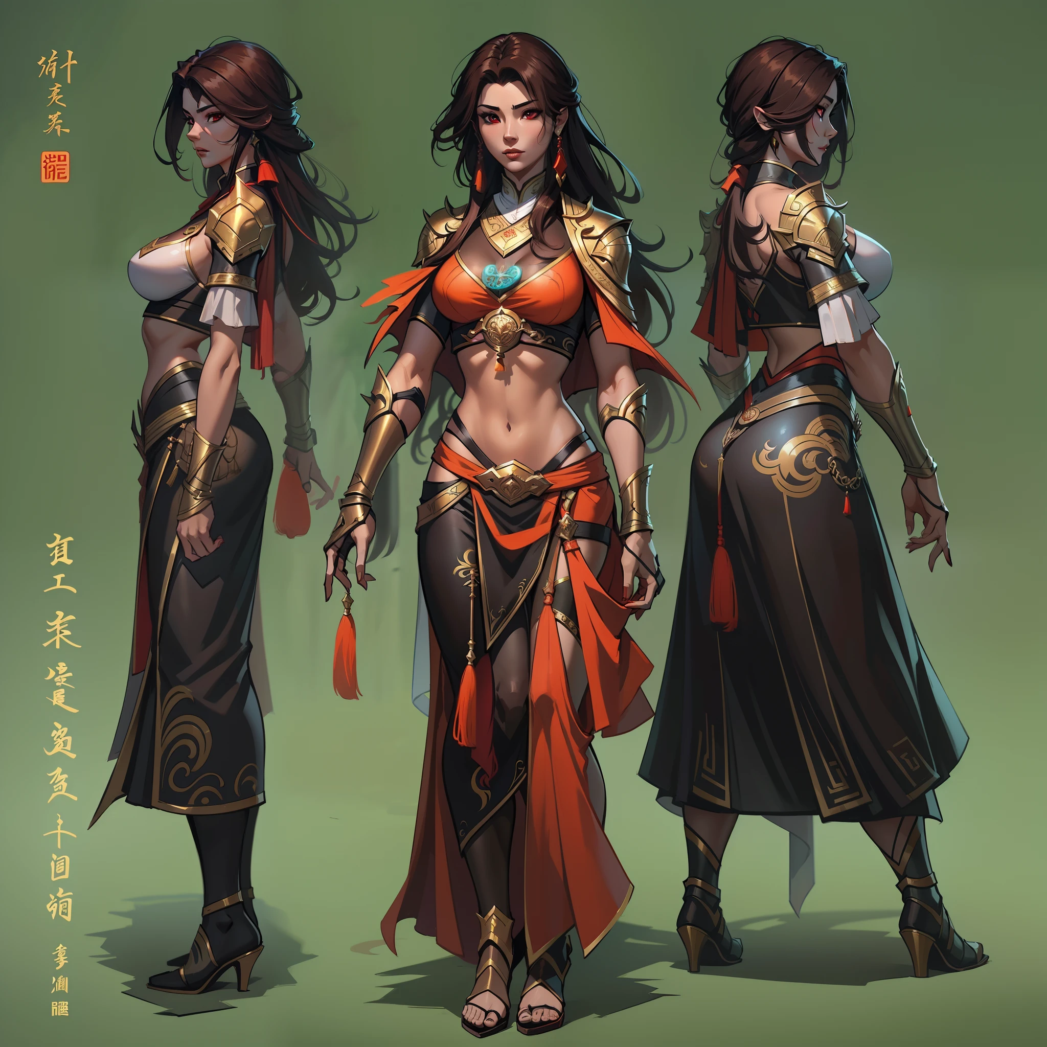 a close up of a strong amazon woman in her 30's, with red eyes and brown hair, wearing a black and red belly dancer attire, a heroine with red eyes, female mage with sun power, standing in a middle-eastern temple, new costume concept design, in the style of blade and soul, full body character concept, detailed character design, inspired by Yang Jin, inspired by Li Mei-Shu, chinese costume, inspired by Lan Ying, inspired by Sim Sa-Jeong, inspired by Li Tang, lunar themed attire, costume with orange accents, inspired by Ju Lian, colored concept art, highly detailed character design, highly detailed face, inspired by Ai Xuan, very highly detailed face, unreal engine render, final fantasy 14 style, inspired by Leng Mei