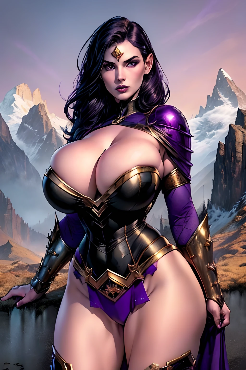 (masterpiece, top quality, best quality, official art, beautiful and aesthetic:1.2), (1girl:1.3), ((long black hair)), (((pale purple skin, pale blue skin, blue skin, purple skin))), extremely detailed, portrait, looking at viewer, solo, (full body:0.6), detailed background, close up, (cold night mountain theme:1.1), dark elf war dancer, charlatan, smirk, mysterious, swaying in mountains, skimpy attire, revealing gladiatrix costume, gold bikini, cowl, metal bikini, long boots, dual knives, violet fabric, black leather, ((((gigantic , cleavagentation)))), slim waist, slim hips, long legs, medieval (mountain exterior:1.1) background, dark mysterious lighting, shadows, magical atmosphere, dutch angle