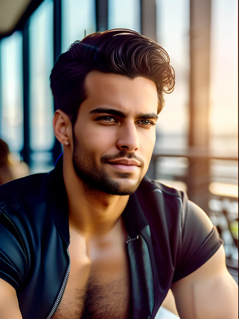 ( masterpiece) , realistic, portrait of a young Brazilian man, insanely handsome face, sunlight, cinematic light, messy windy hair, stunningly handsome man, beautiful eyes, perfect anatomy, very masculine , tanned golden skin, prince hazel eyes, ( enclosing the head in a frame) , stylized, 8 life - size, 8 K resolution, resting on the terrace of a cafe in trendy clothes, looking far away, human hands, strangely rich and masculine, full - body view, dynamic, very masculine, character sheets, concept art, smooth and distant view
