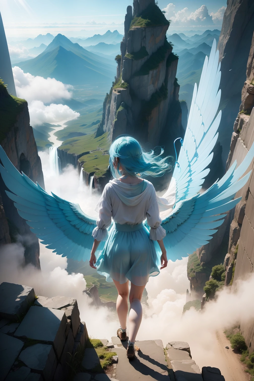 Light blue haired girl with translucent wings that catch the rays of light, Making it seem like part of heaven itself, a backdrop scene shown behind, mostrando o personagem voando em um mundo de fantasia. foto vista de cima pela diagonal direita