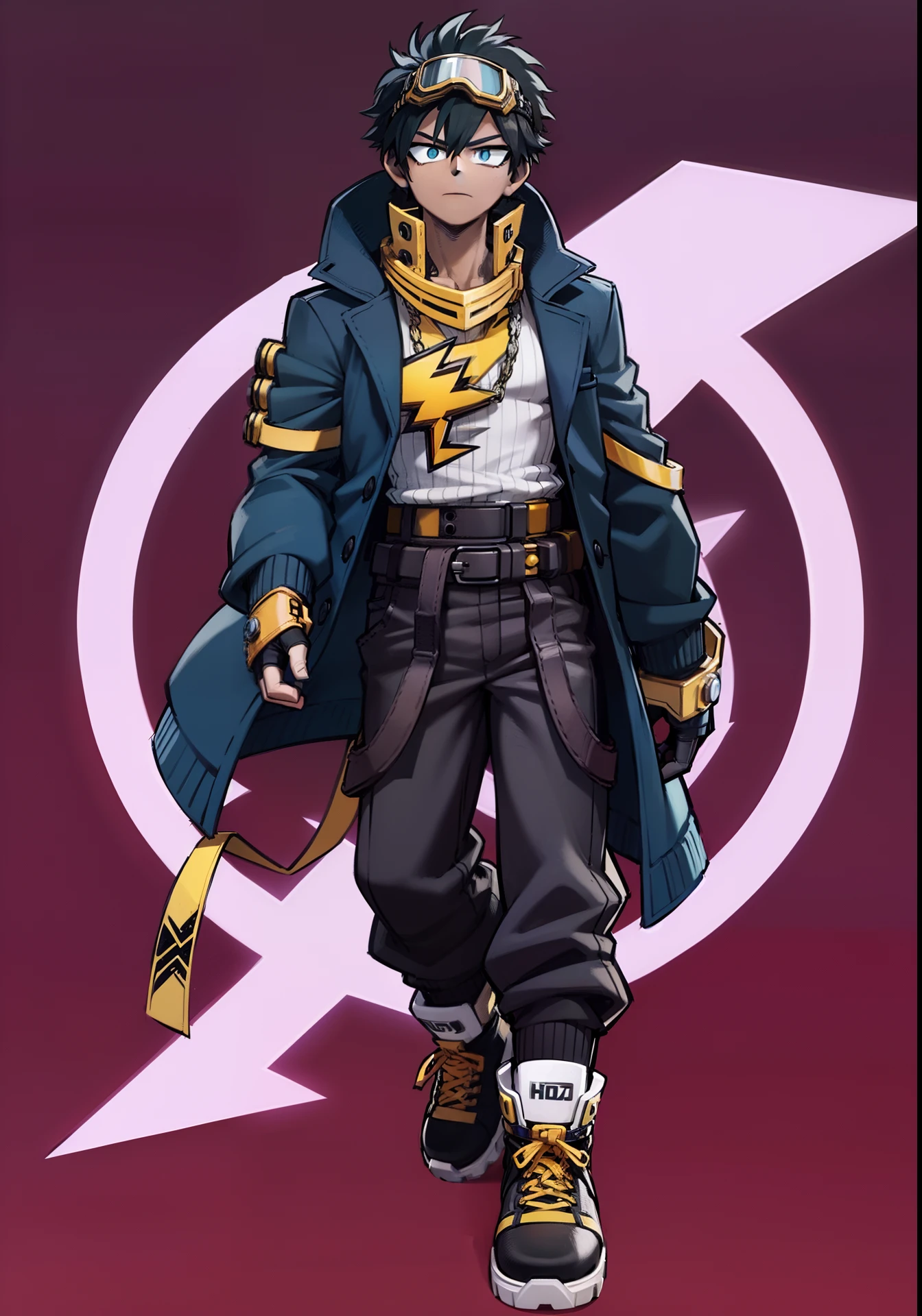 My Hero Academia style, anime boy, male, young male, trending on artstation pixiv, (full body shot:0.5), Masterpiece, fullbody suit, Hero costume, Dark-skinned male, Brown Skin, dreadlocks, brown hair, Blue eyes, Dark blue trench coat with black stripes, Dark blue suit with black stripes, yellow lightning bolt logo on chest,chest lightning logo, lightning logo, chest logo, yellow lightning logo, yellow goggles on the forehead, goggles on the forehead, yellow goggles, black ankle boots, toe-cap ankle boots, yellow knee pads, black gloves, black background, black background with blue lightning, blue lightning, background with lightning,