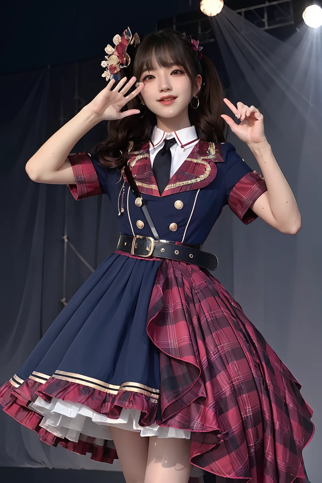 realistic, photorealistic, masterpiece, best quality, 1girl, solo, in stage, stage lighting, stage spotlight, looking at viewer, smile, dynamic pose,idol_singing_costume, (pureerosface_v1:0.8),