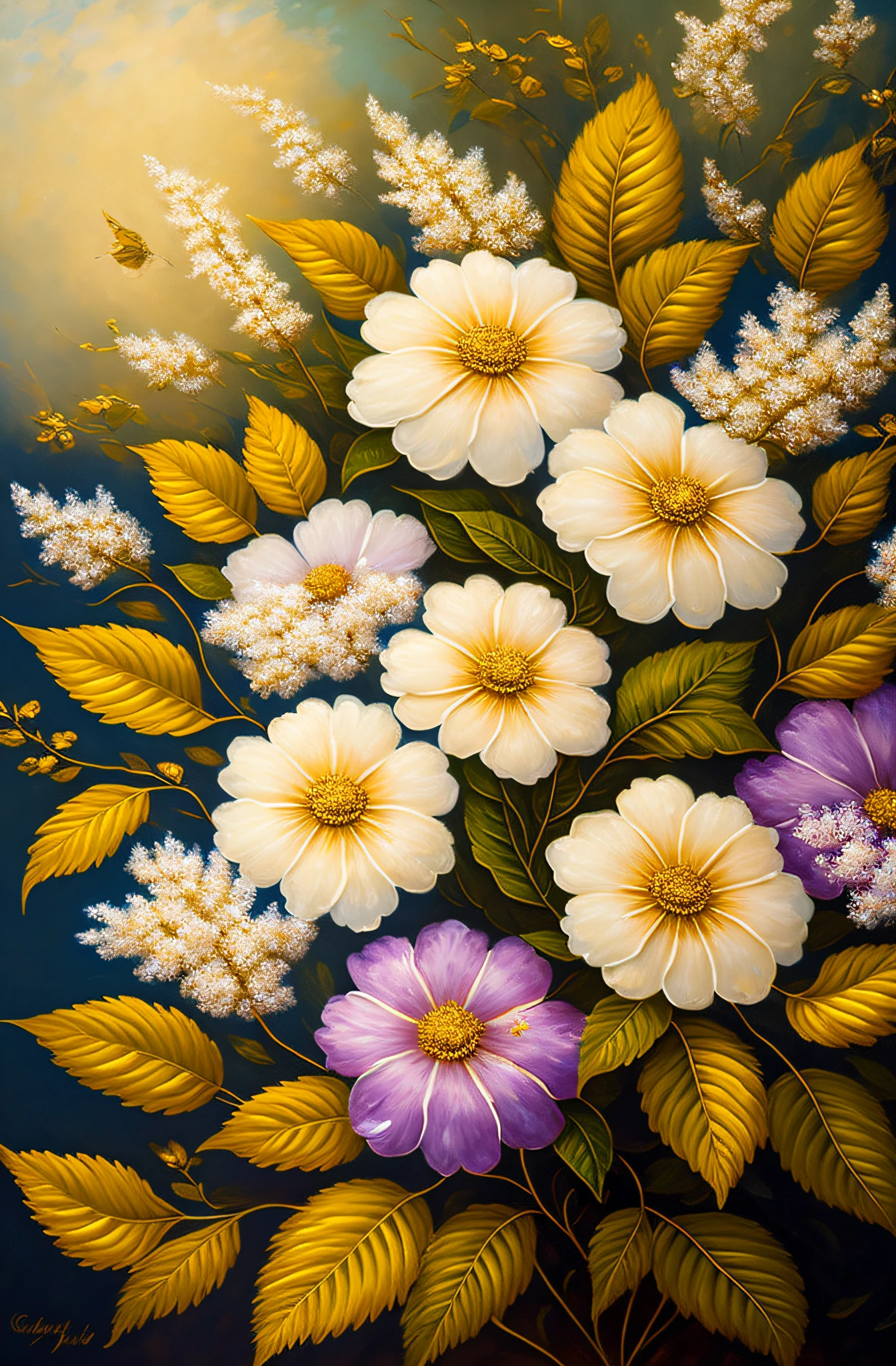 There is a painting of flowers with silver leaves, gold flowers, hydrangeas and morning glory, flowers and gold, gilded reliefs, detailed flowers, gorgeous flowers, golden flaky flowers, intricate flowers, chaotic gold leaf flowers, detailed 4K oil painting, stunning and rich details, gilded. Floral, floral. Baroque elements, intricate oil paintings