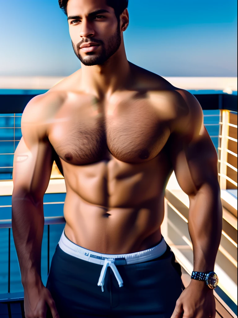( masterpiece) , realistic, portrait of a young Brazilian man, insanely handsome face, sunlight, cinematic light, messy windy hair, stunningly handsome man, beautiful eyes, perfect anatomy, very masculine , tanned golden skin, prince hazel eyes, ( enclosing the head in a frame) , stylized, 8 life - size, 8 K resolution, resting on the terrace of a cafe in trendy clothes, looking far away, human hands, strangely rich and masculine, full - body view, dynamic, very masculine, character sheets, concept art, smooth and distant view