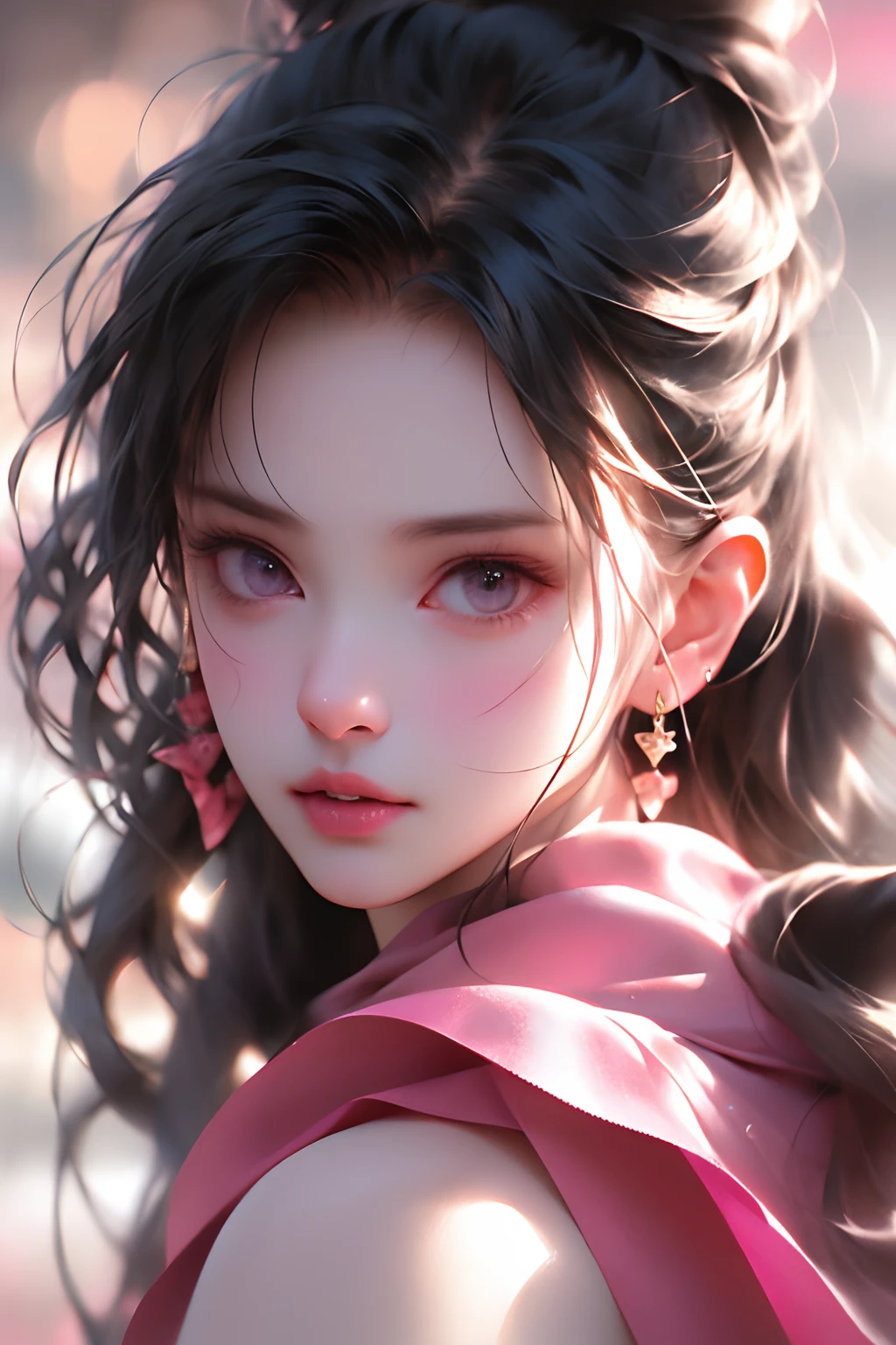 8k, RAW photo, best quality, masterpiece, high detail RAW color photo, professional photograph, (realistic, photorealistic:1.37), (high detailed skin:1.2), high resolution, beautiful detailed eyes, (hard focus:1.4), (sharp focus:1.4),
realistic , (8K UHD:1.2) , photoreaslistic
High quality shadow, 
parted_lips, slender face,
(wavy hair), Half-up top knot, Crown braid, Pink eye color, suggestive look,
(extremeface closeup),  pov, (((depth of field))), pale and lustrous skin, 
Cropped cowl neck sweater,
30yo teen age,
buruma,
Rooftop,
bokeh, lens flare, (vignette:0.8), dramatic lighting, cinematic lighting, back light, professional lighting, physically-based rendering, ulzzang-6500-v1.1, pureerosface_v1.