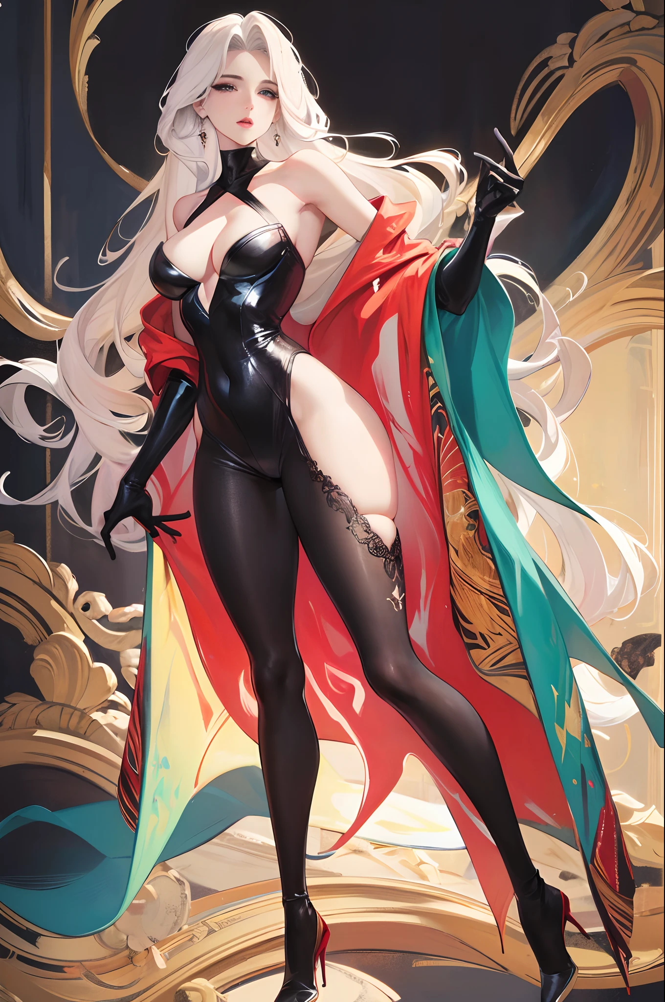 Illustration art, painting art,Full body like, Whole body movement, Sexy woman in sexy clothes, Soprano Woman, Very cool facial expression, Gorgeous background, Great sexy art, painting art, Sexy art, Detailed body part details,Inspired by J.c.Ryan Decker, Epic European and American illustrations, Tall, The whole body is evenly sexy
