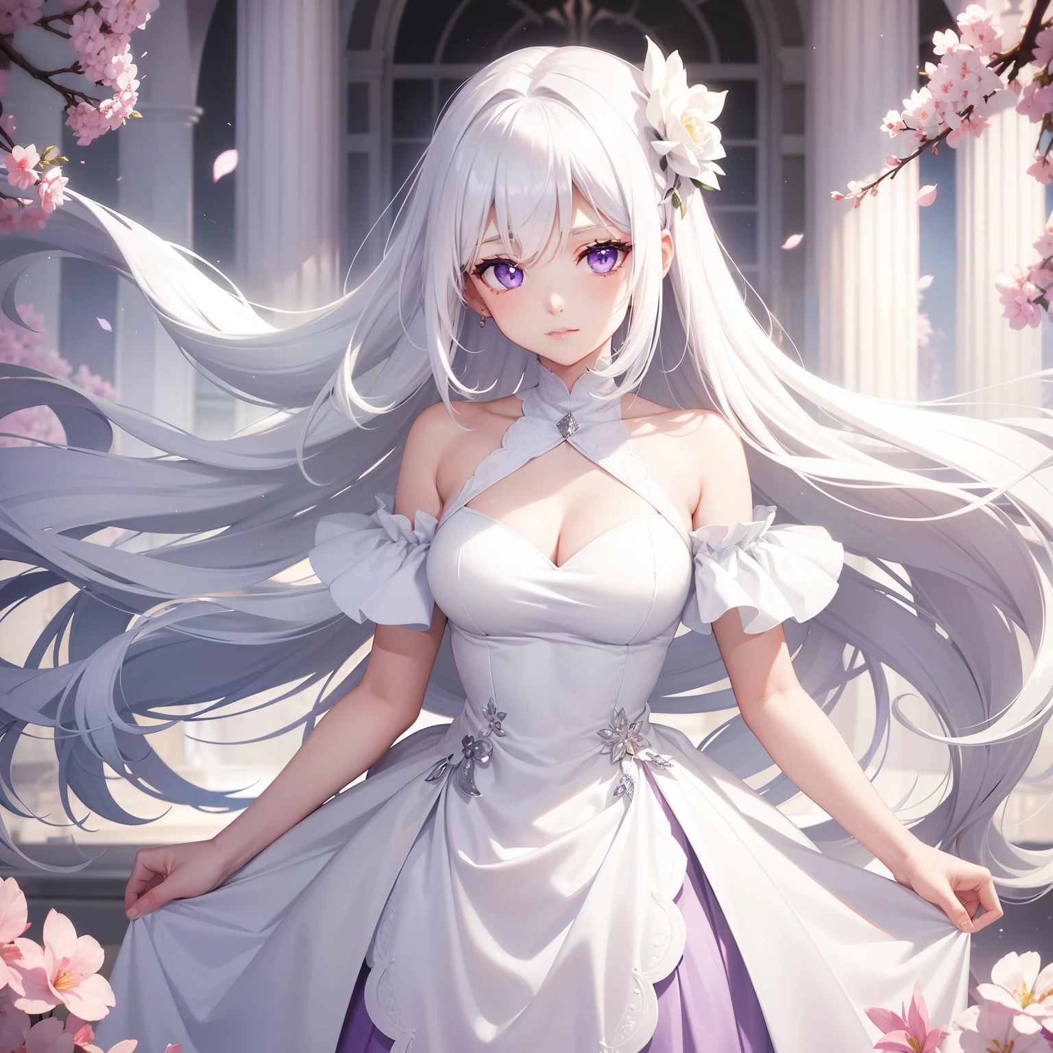 a women, white hair, purple eyes, white dress