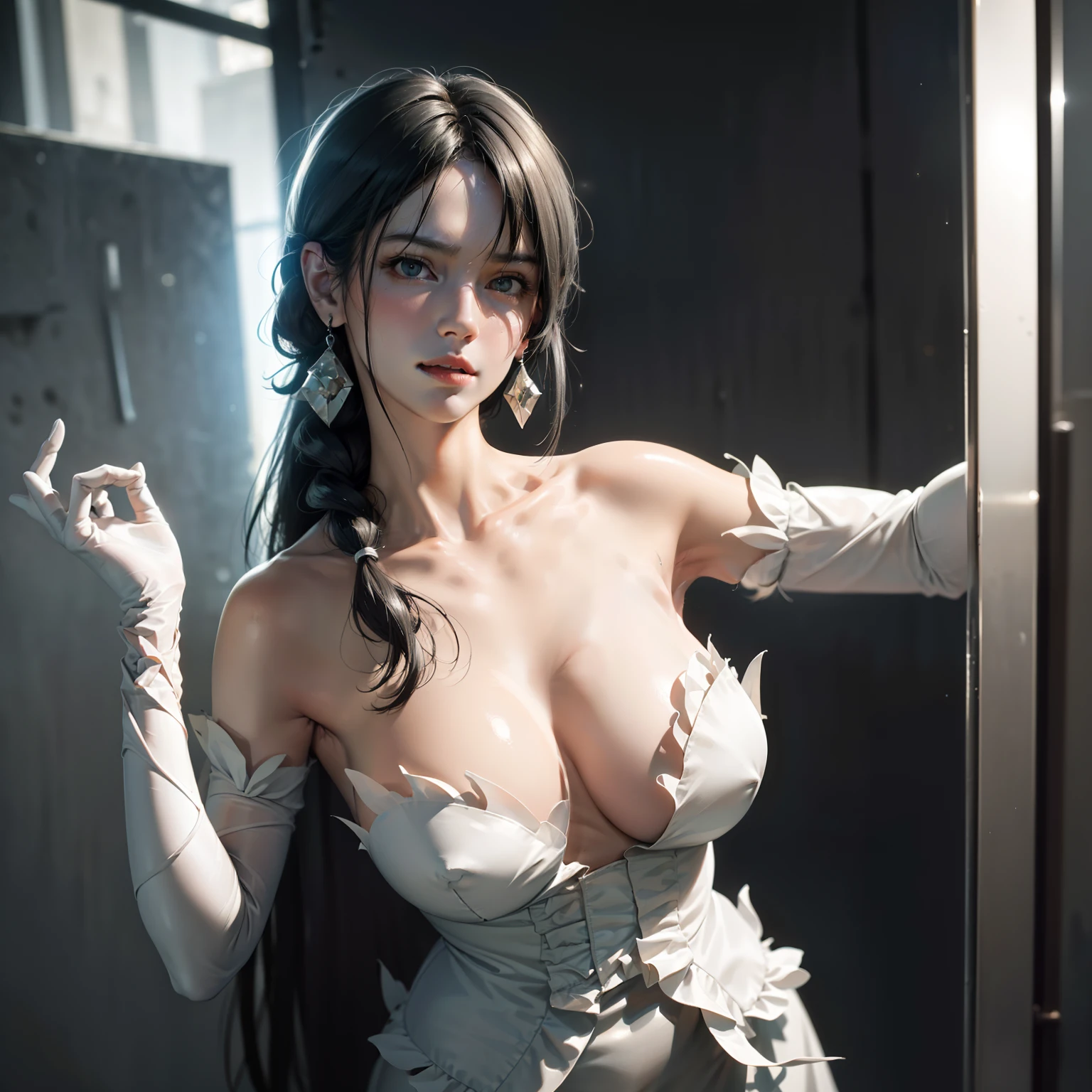 ((addielyn, wearing glass, black hair)), Random posture, (An extremely delicate and beautiful work), (masterpiece), 1girl, extremely detailed elegant wedding dress, tiara, highly detailed, ponytail contorted, charming expression, beautiful and clear eyes, green eye pupil, delicate necklace, delicate earrings, simple blurred background, extreme detail description, beautiful, charming, ultra-fine painting, delicate face, delicate figure, Fine collarbones, lovely lips, soft behind, mix4,(8k, RAW photo, best quality, masterpiece:1.2), (realistic, photo-realistic:1.37),1girl,cute,cityscape, night, rain, wet, professional lighting, photon mapping, radiosity, physically-based rendering, above waist,