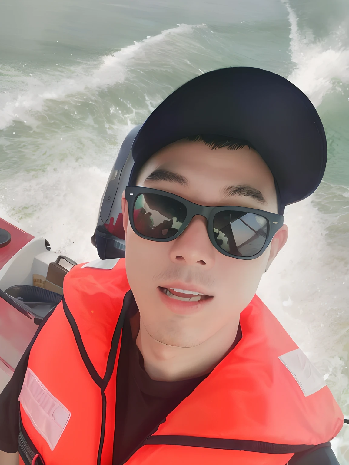 There was a man on board wearing a life jacket and sunglasses, The background is the sea,With a hat。Cool white skin,best qualtiy,tmasterpiece:1.3,White and straight teeth