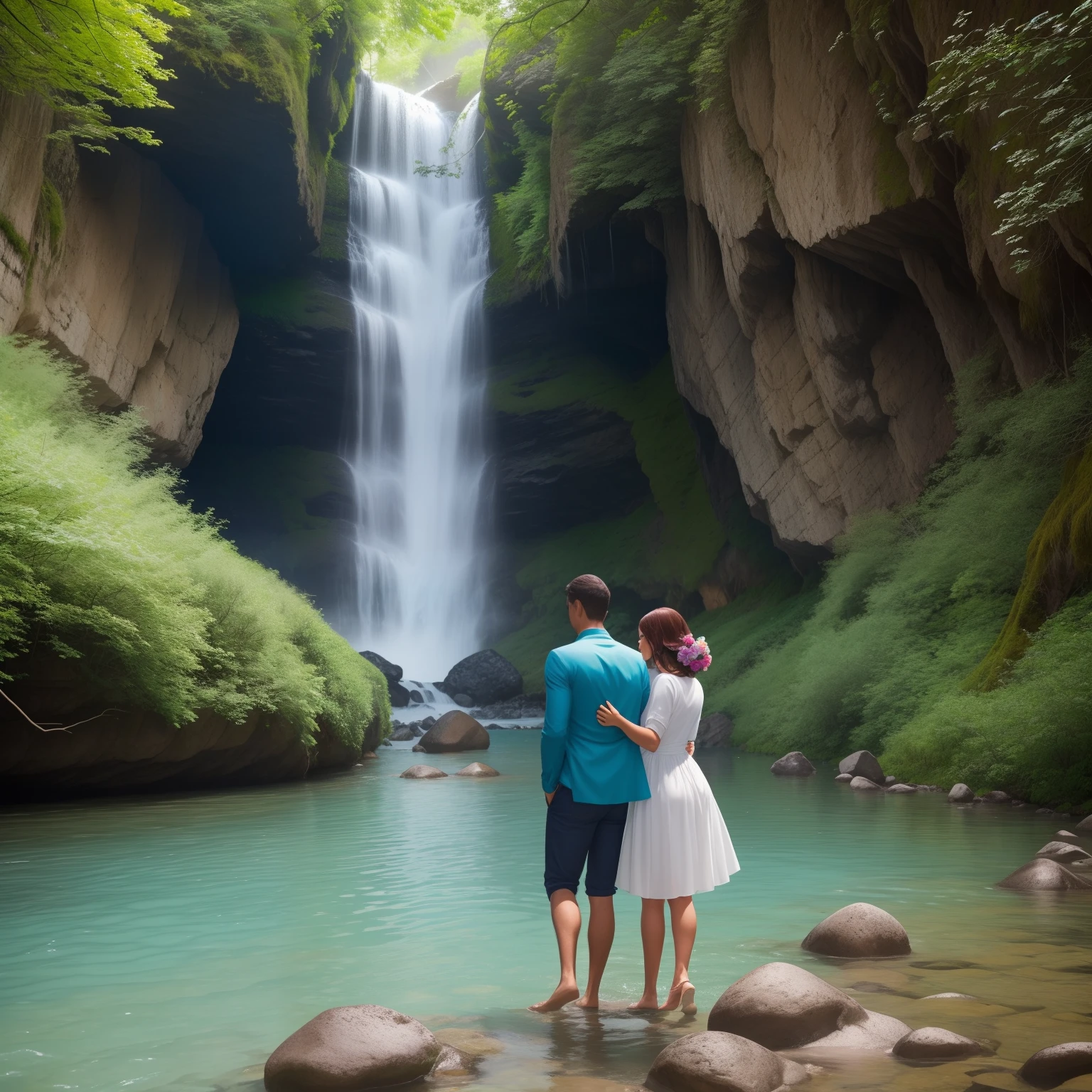 Valentina, que tem cabelos preto e cacheados, ambar eyes. usando vestido simples camponesa branco e amarelo, o Victor tem 28 anos, usa uma camisa manga longa branca medieval e tem cabelos loiro e olhos escuros. The couple is swimming in the river, as roupas e cabelos molhados, The river is crystal clear and has rocks and a waterfall in the background. Cascatas descendo por rochas formando um lago. Rosas vermelhas, Hydrangea Blues, ele a ama. Homem possessivo, caminho de pedra. Celeiro.