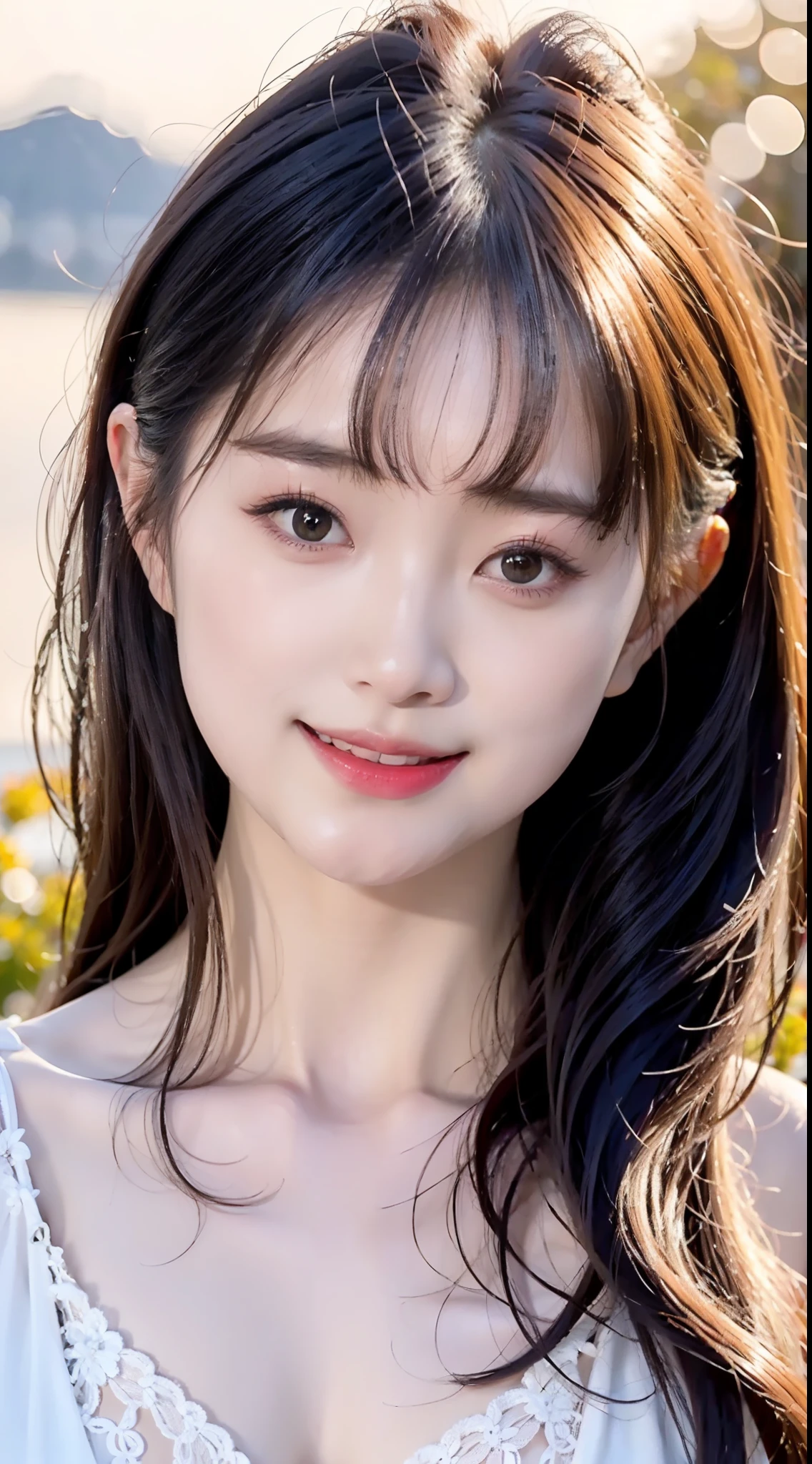 closeup of face, Face shooting,Short white dress,golden hair, (pointy ears: 1.(Gold pattern quality:1.3), 23-year-old female model E cup,The off-the-shoulder suspenders leak the chest, Top details ,8k 壁纸, grand master, tmasterpiece, sportrait, middle, Watch the footage, beautiful Chinese and Korean mixed blood idols, ((Ultra-fine face,A detailed description of the facial features)), Lip biting makeup, Sweet smiling, Perfect facial features,Good complexion, green meadows, Stream Autumn,By bangs, hair adornments, A high resolution, best qualtiy, 8 High quality, super detailing, tmasterpiece,