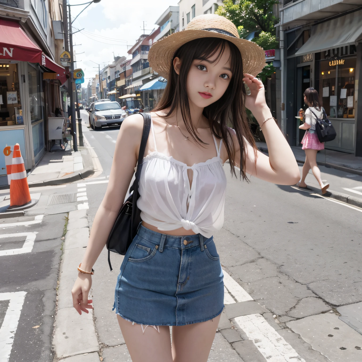 teens girl、onepiece、a miniskirt、Short Bob、a straw fedora hat、street corner、Sheer sunlight、