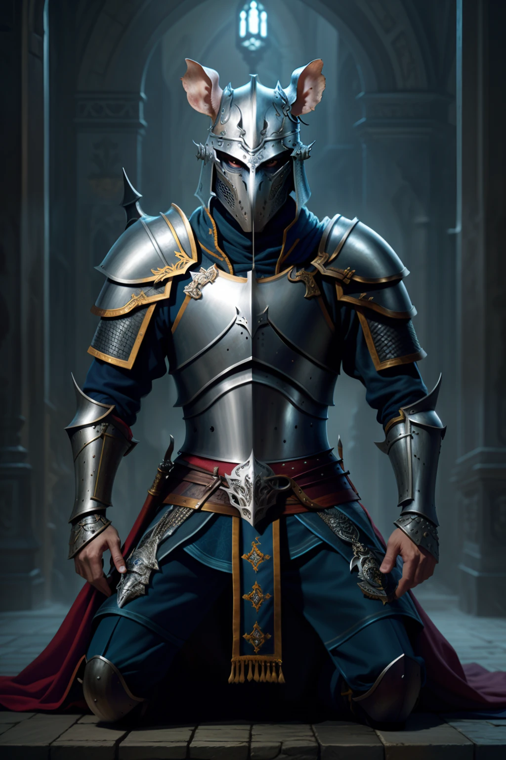 Kneeling rat knight, Portrait, finely detailed armor, intricatedesign, Silver, Silk, Cinematic lighting, 4K