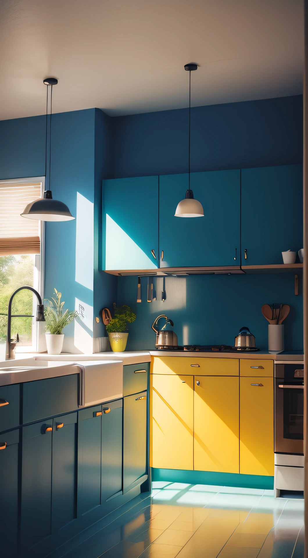 The modern kitchen is decorated with natural light and shades in a blue and yellow color scheme Reality 1:1 Positive focus 135 kitchen as the main background with grass, warm colors warm