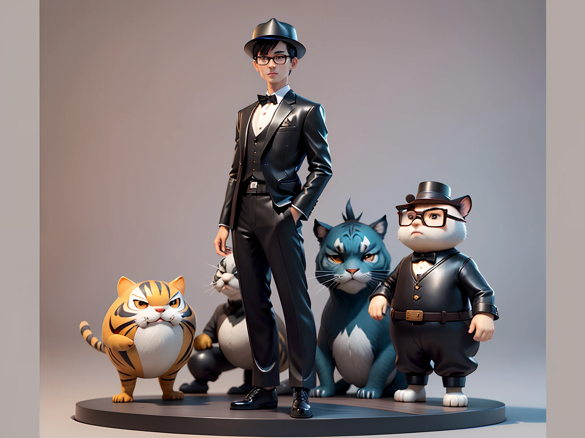 Young man with oriental face in leather hat, tiger, oriental face in formal suit, short black hair, silver glasses, digital painting, 3D character design by Mark Clairedon and Pixar and Hayao Miyazaki and Akira Toriyama, the illustration is a high-definition illustration in 4K resolution with very detailed facial features and cartoon-style visuals.