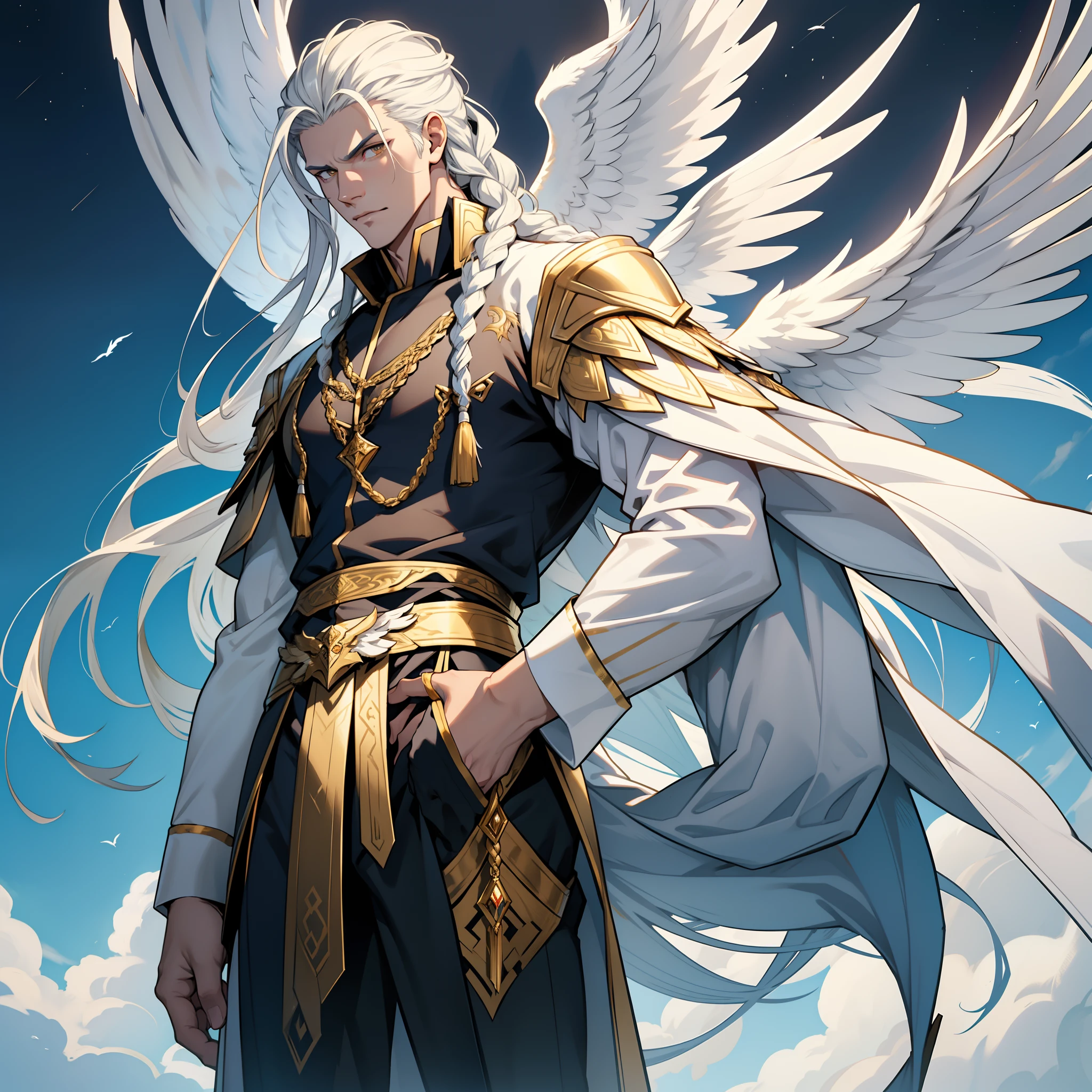 Caius is a handsome male, stands at 7ft tall. He has an athletic body structure. He wears royal attire thats silver and gold. He has beautiful long white silky hair and a golden eye color. He is seen with a staff. He has huge white wings. A big bulge in his pants. White Phoenix human form. His hair is braided back