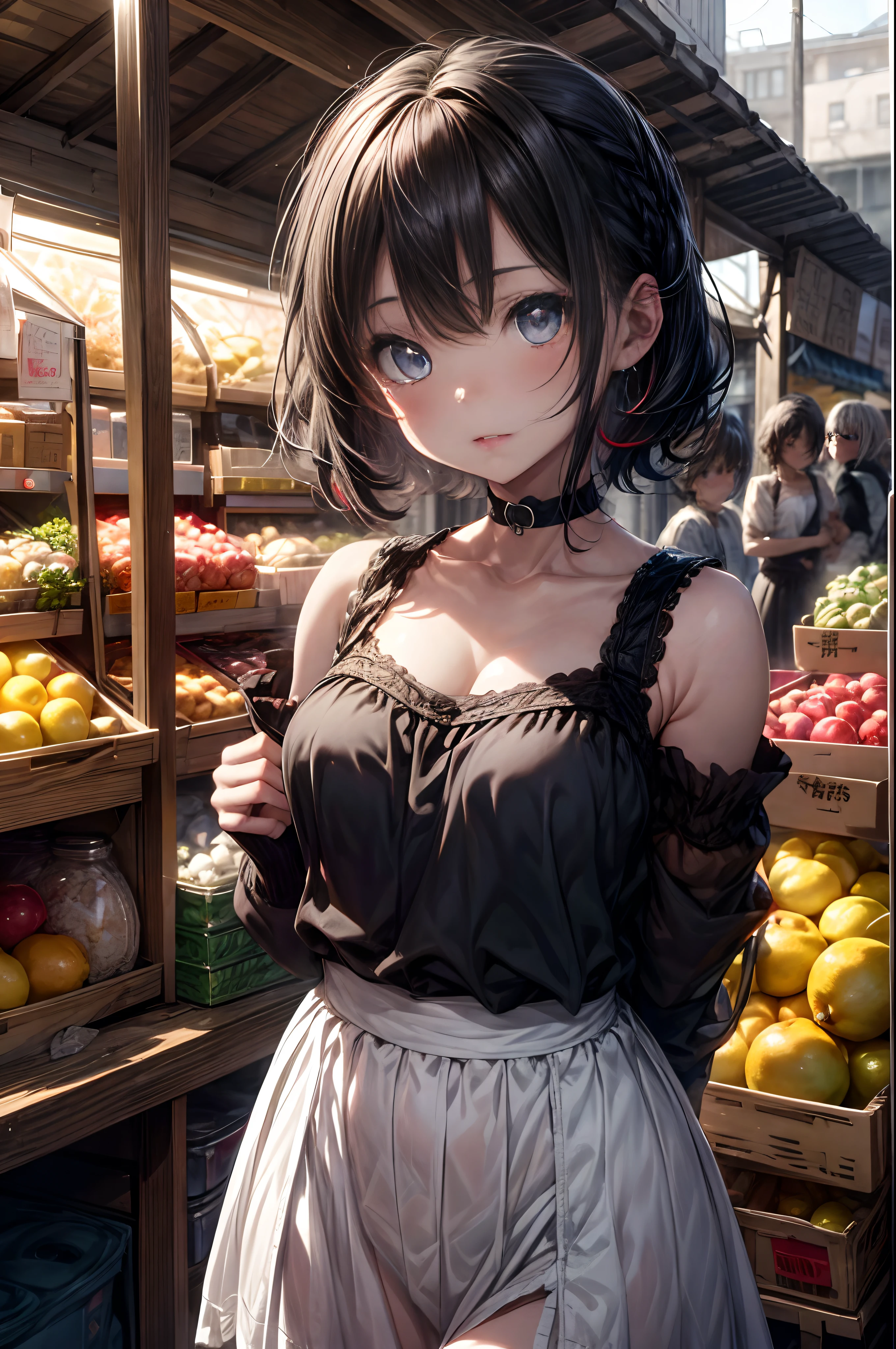 mash kyrielight,White hair,short hair,red eyes,girl,woman,female, little,child,10 years old, medium hair, curly hair, bangs, eyes visible through hair, side braid, white and black hair, multicolored hair, red inner color, beautiful detailed Glass hair, delicate beautiful face, red pupils, fangs, small_breasts, pale blue eyes, white skin, choker, gloves, nice hands, perfect hands, camisole, holding fruit, lemon, grapefruit, parted lips, blush, skirt, earring, holding food, bang, in fruit market