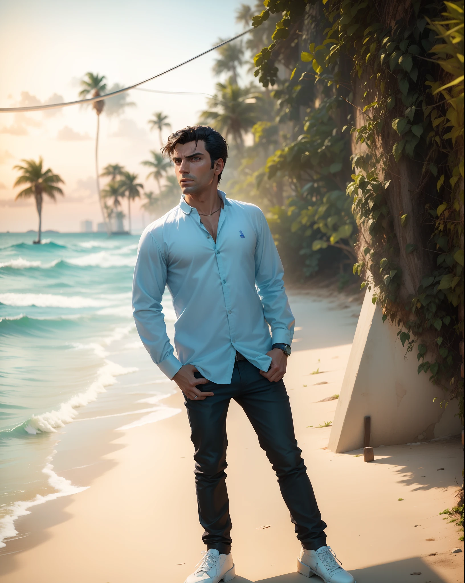 Boy become Tommy Vercetti from Grand theft auto vice city, gangstar and handsome look, realistic, enhance and detailed, blue shirt and white boots, in vice city real, 4k