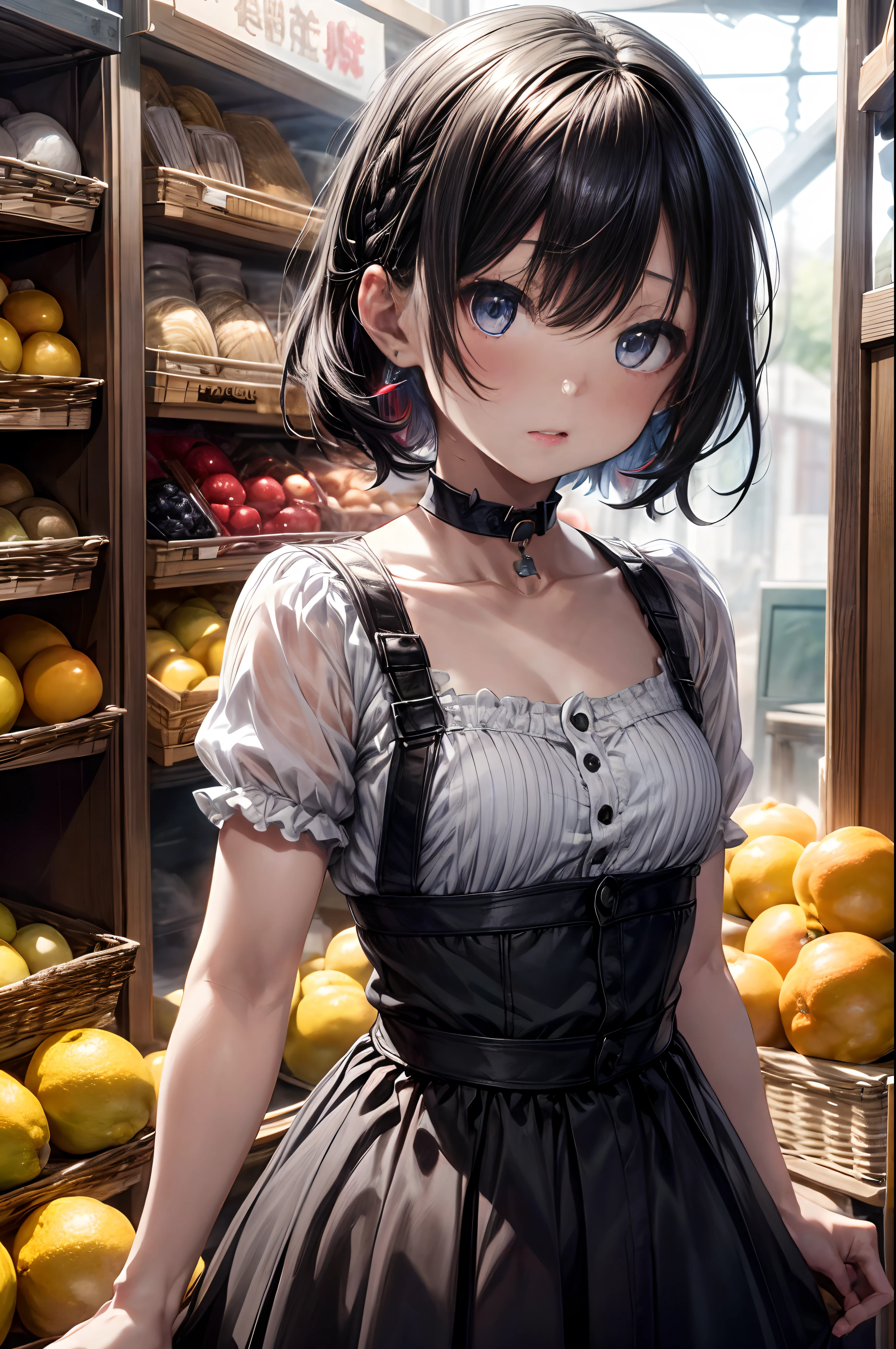mash kyrielight,White hair,short hair,red eyes,girl,woman,female, ,child,ars olir, curly hair, bangs, eyes visible through hair, side braid, white and black hair, multicolored hair, red  inner color, beautiful detailed Glass hair, delicate beautiful face, red pupils, fangs, small_breasts, pale blue eyes, white skin, choker, gloves, nice hands, perfect hands,  camisole, holding fruit, lemon, grapefruit, parted lips, blush, skirt, earring, holding food, bang, in fruit market