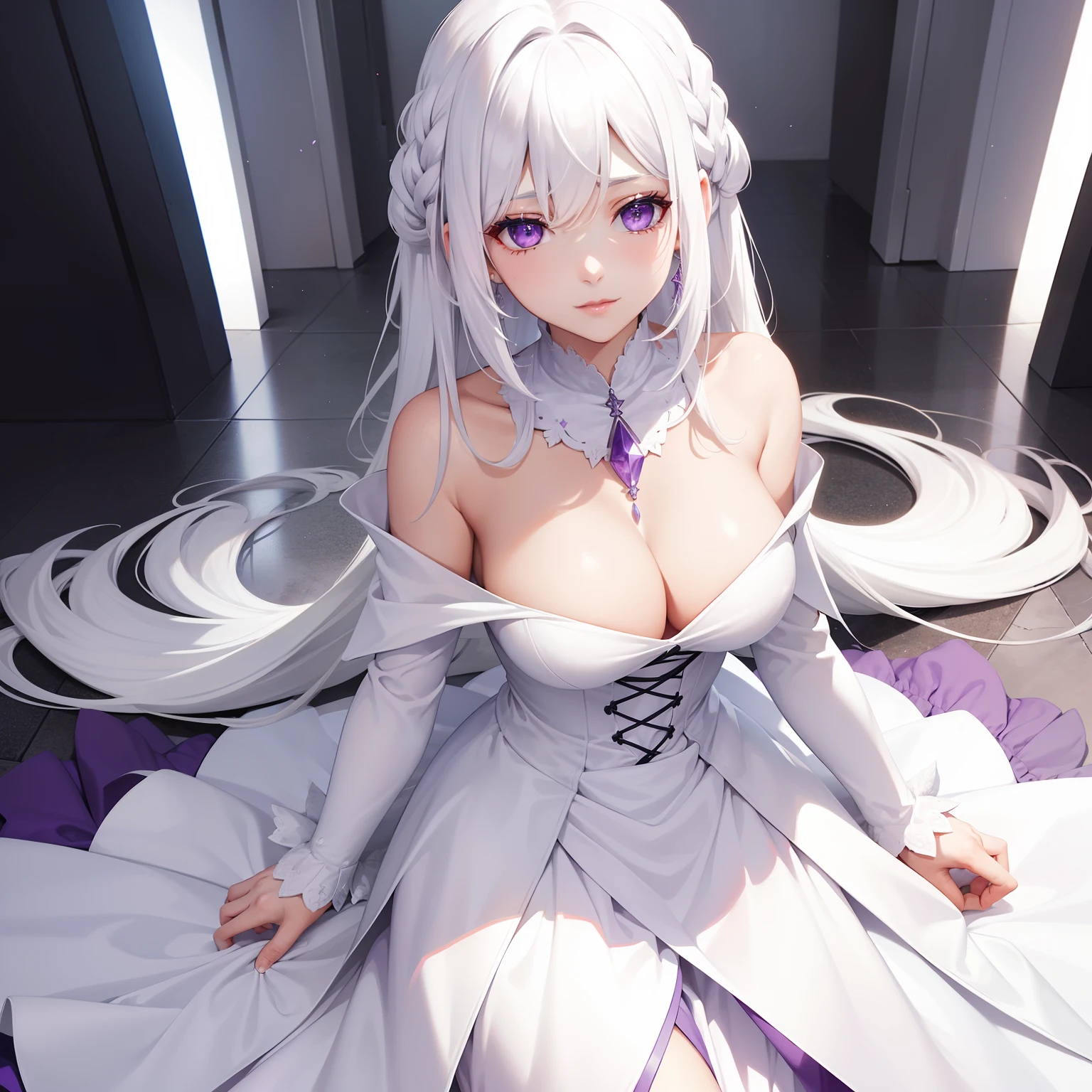 a women, white hair, purple eyes, white dress