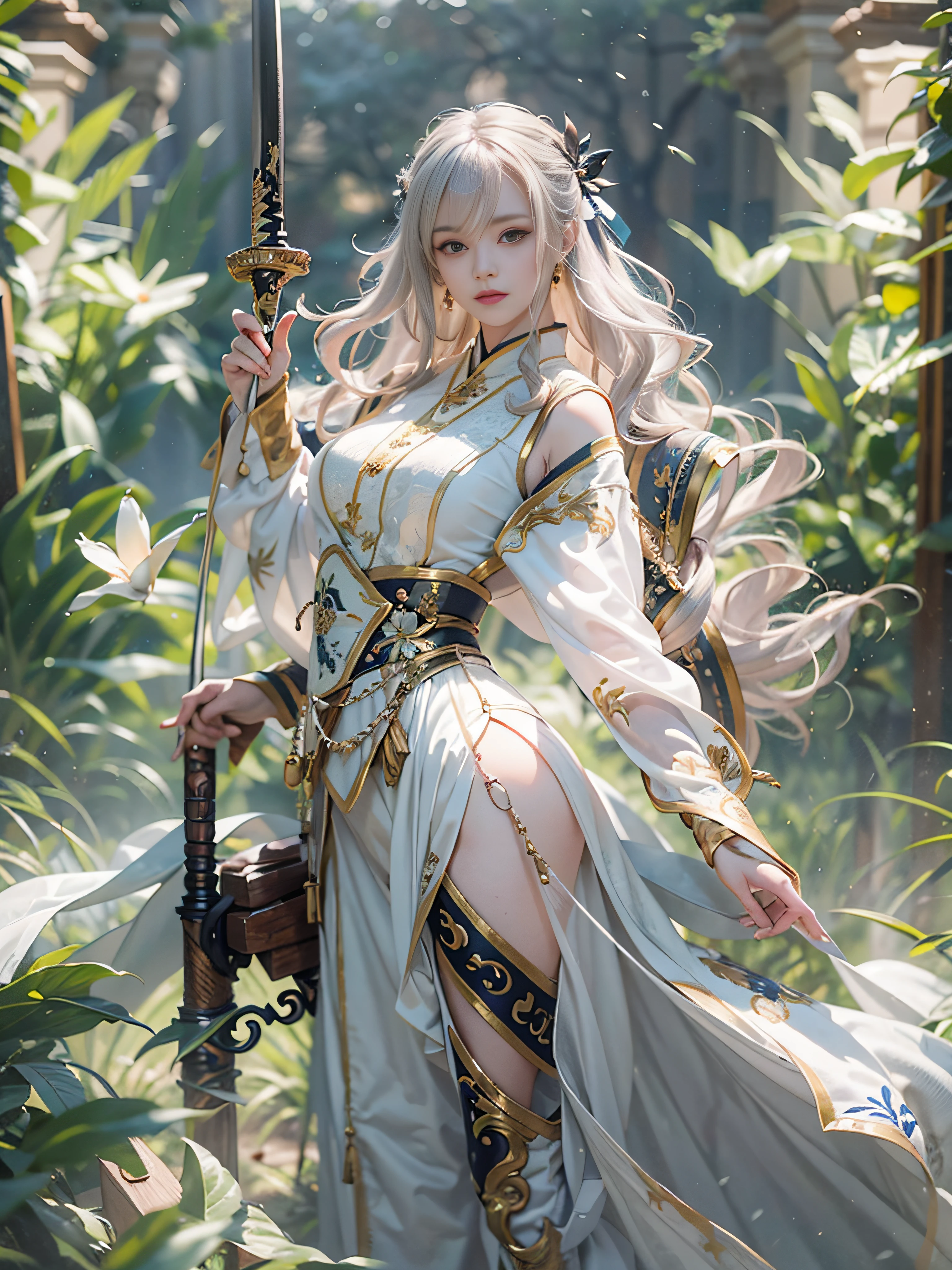 Royal sister,swordsmen,Big sister type,Oriental women,gallant woman,Cold sass,,tmasterpiece,A high resolution,,Absolutely beautiful,,(Wide buttock:1.4),(Thick legs:1.4),are standing,exquisitedetails,A high resolution,Wallpapers,1female,独奏,,enchanted、Raised sexy, Rich expressions, trinkets,Tight white hanfu,,校服,Short sleeves tight white trousers,Wearing white boots,With a sword,embroidery, natural poses,standing on your feet, Fanning,16K,HDR,A high resolution,depth of fields,Bocoon,prime time,Vignette,rainbowing,