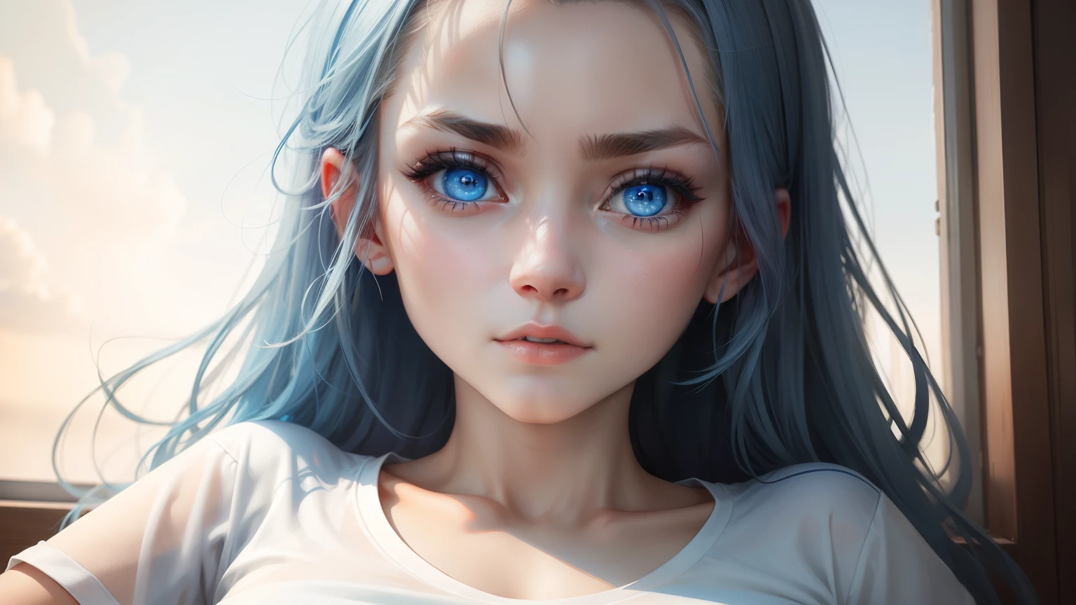 A rusian girl with blue eyes and white tshirt
