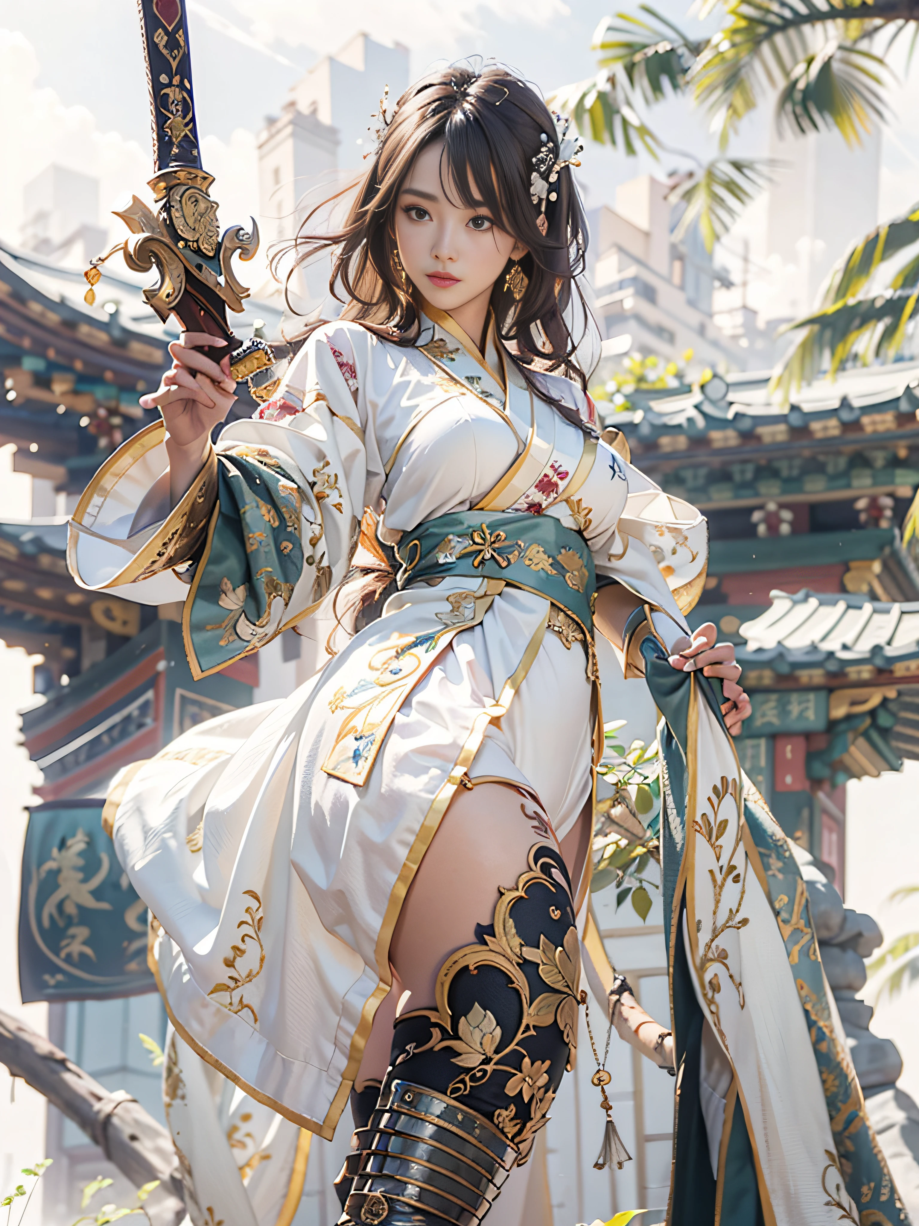 Royal sister,swordsmen,Big sister type,Oriental women,gallant woman,Cold sass,,tmasterpiece,A high resolution,,Absolutely beautiful,,(Wide buttock:1.4),(Thick legs:1.4),are standing,exquisitedetails,A high resolution,Wallpapers,1female,独奏,,enchanted、Raised sexy, Rich expressions, trinkets,Tight white hanfu,,校服,Short sleeves tight white trousers,Wearing white boots,With a sword,embroidery, natural poses,standing on your feet, Fanning,16K,HDR,A high resolution,depth of fields,Bocoon,prime time,Vignette,rainbowing,