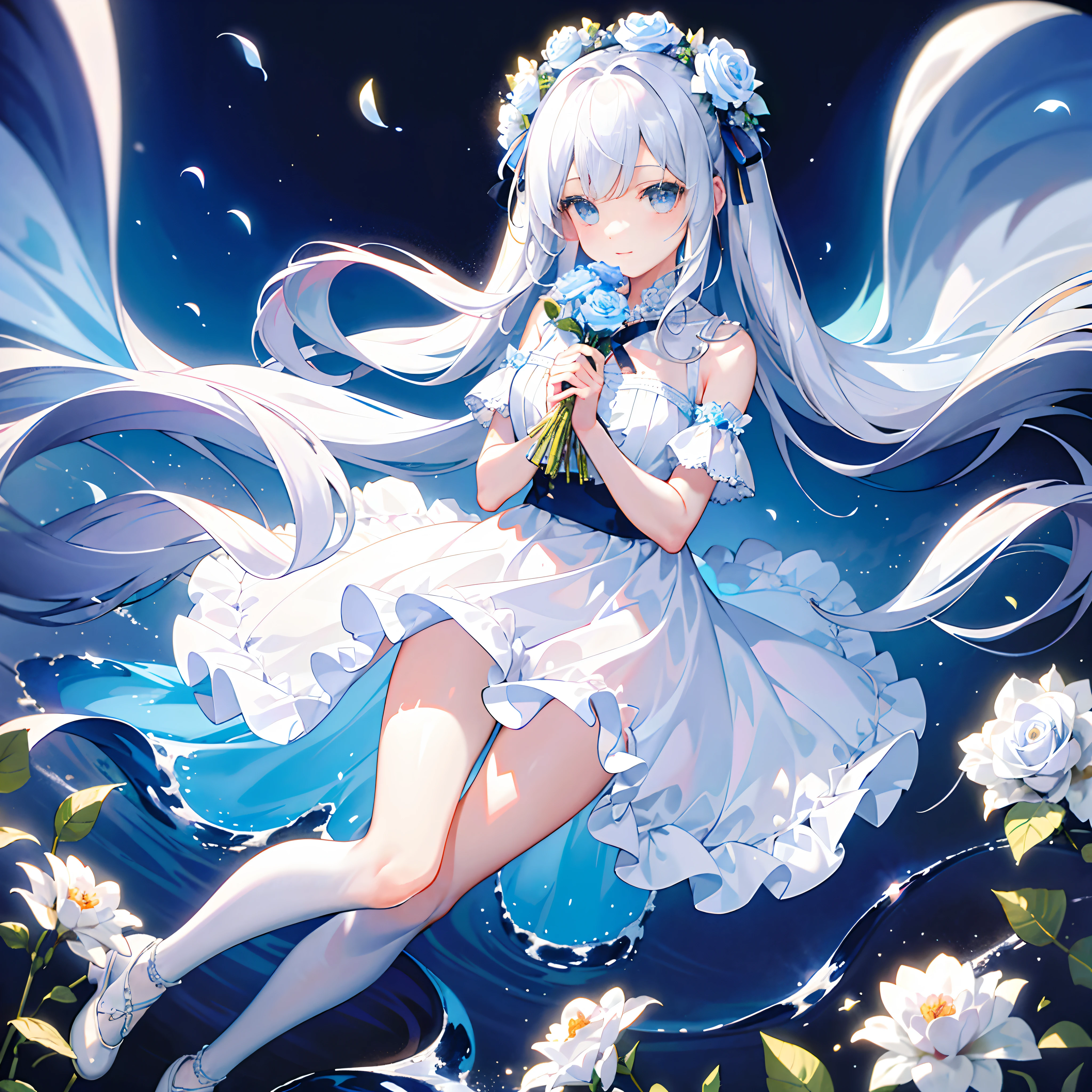 ((Masterpiece, Best quality)), 1girll, flower  sea，Holding a bouquet of flowers in both hands，Milky white hair，long hair flowing，Be in spirits，Wear a short white and blue skirt，Wearing two roses，（Beth），Wear small shoes