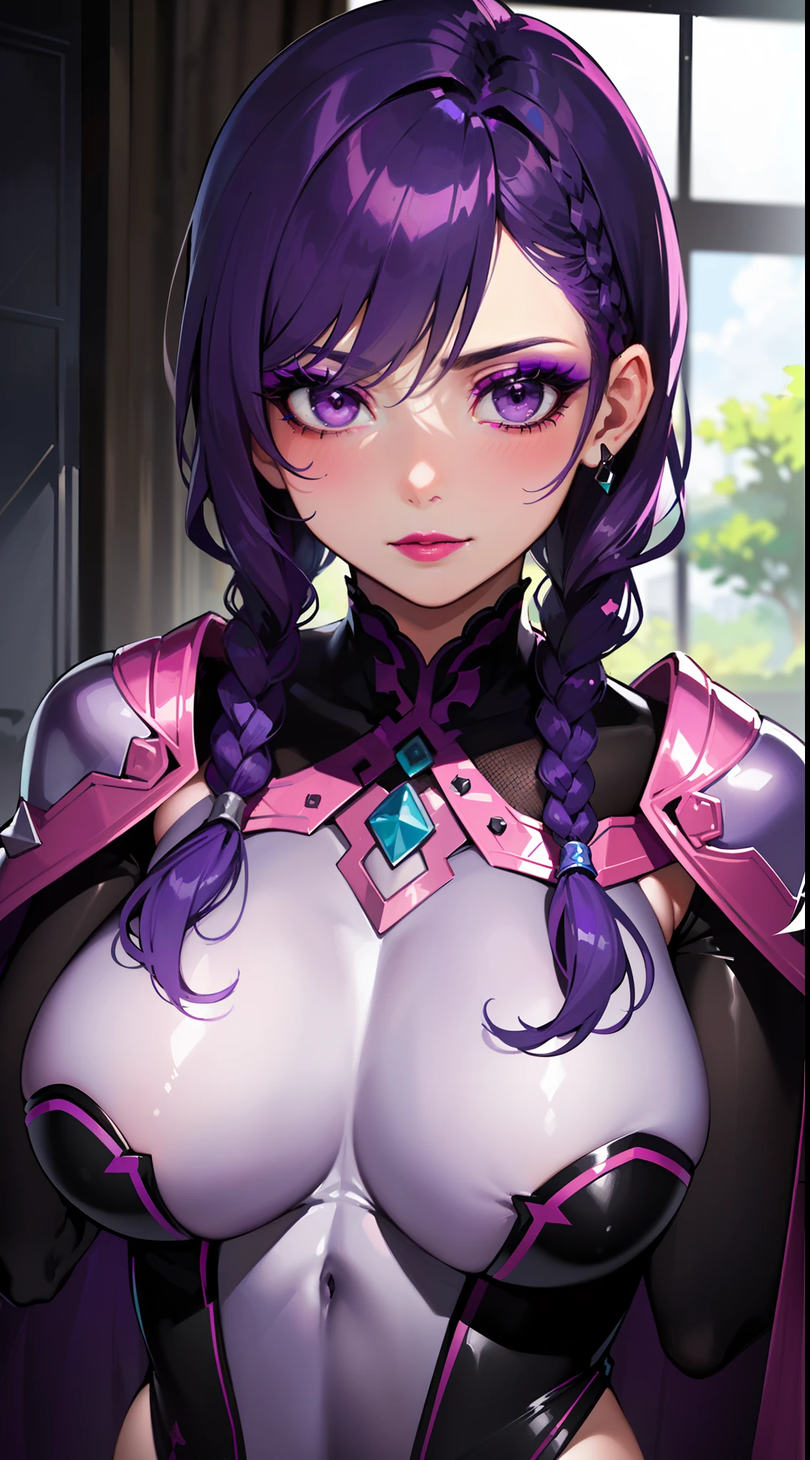 ((mage robe, sexy bodysuit)), upper body, seductive look, blush, indoors, in office, looking at viewer, cloudy, moody lighting, (perfect detail eyes:1.2), glowing eyes, (long hair one braid:1.2), (Masterpiece, Best Quality, High Quality:1.4), professional artwork, Intricate Details, field of view, sharp focus, detailed painting, photorealistic lighting, trending on pixiv, (vivid lighting, vibrant colors:1.05), realistic shadows, ambient occlusion, (athletic body:1.3), mature woman, 30yo, shenhe, hyperdetail eyes, beautiful eyes, (((solo:1.4))), semi-realistic hair, hyperdetailed clothes, (((beautiful makeup:1.3, beautiful pink lipstick:1.3, beautiful pink eyeshadow:1.3, purple eyes:1.0, purple hair:1.3))),
