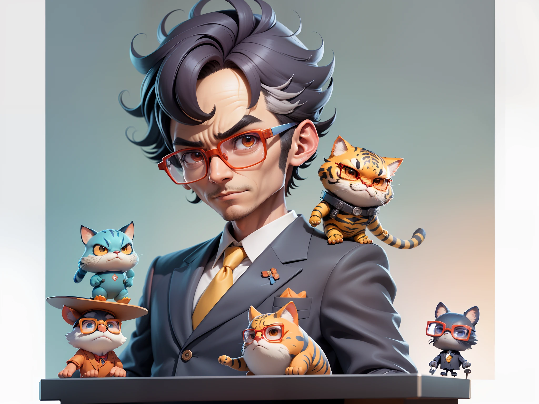 A young man in a suit, Short hair and glasses sat at his desk,holding laptop,digitial painting,tigre,3D character design by Mark Clairen and Pixar and Hayao Miyazaki and Akira Toriyama,4K HD illustration,Very detailed facial features and cartoon-style visuals。