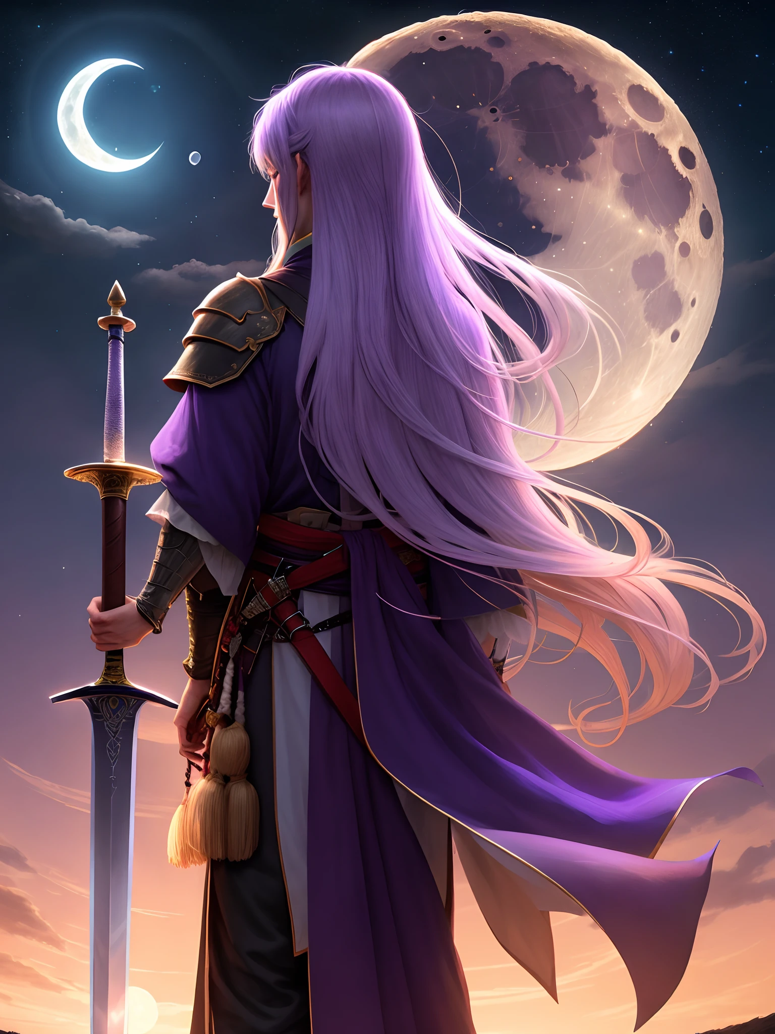 the night，themoon，城市，long sword，Long flowing hair，Back Shadow，Purple sword glow