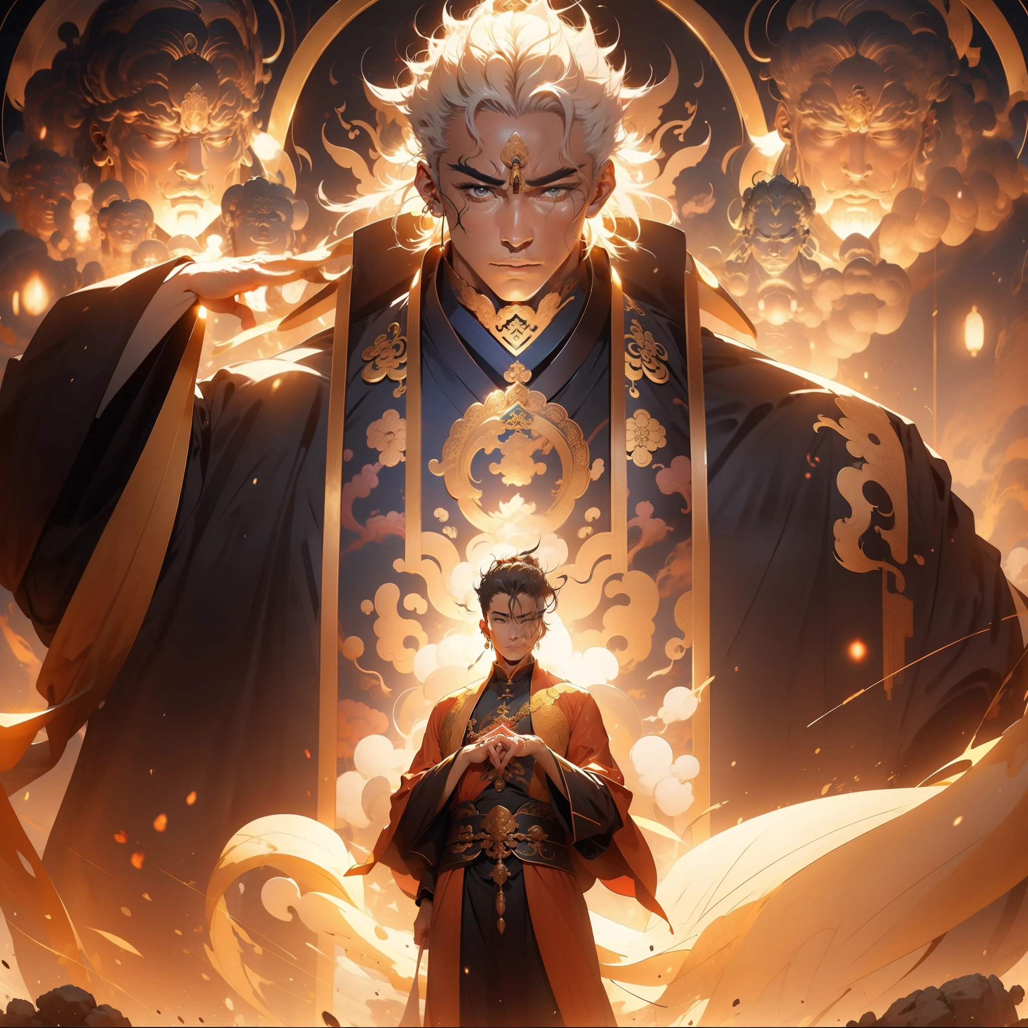 A character stands in front of a golden Taoist priest